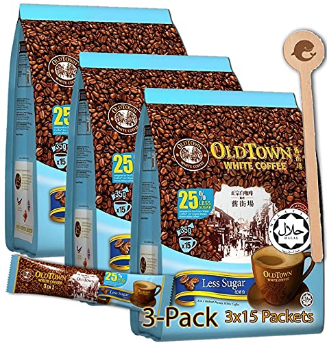 (3 Pack - Less Sugar) OLD TOWN (3 in 1) Coffee Asian Instant Coffee with a WHALEVER Natural Wooden Coffee Stirrer Stick, oldtown Coffee 45 Instant Coffee Packets