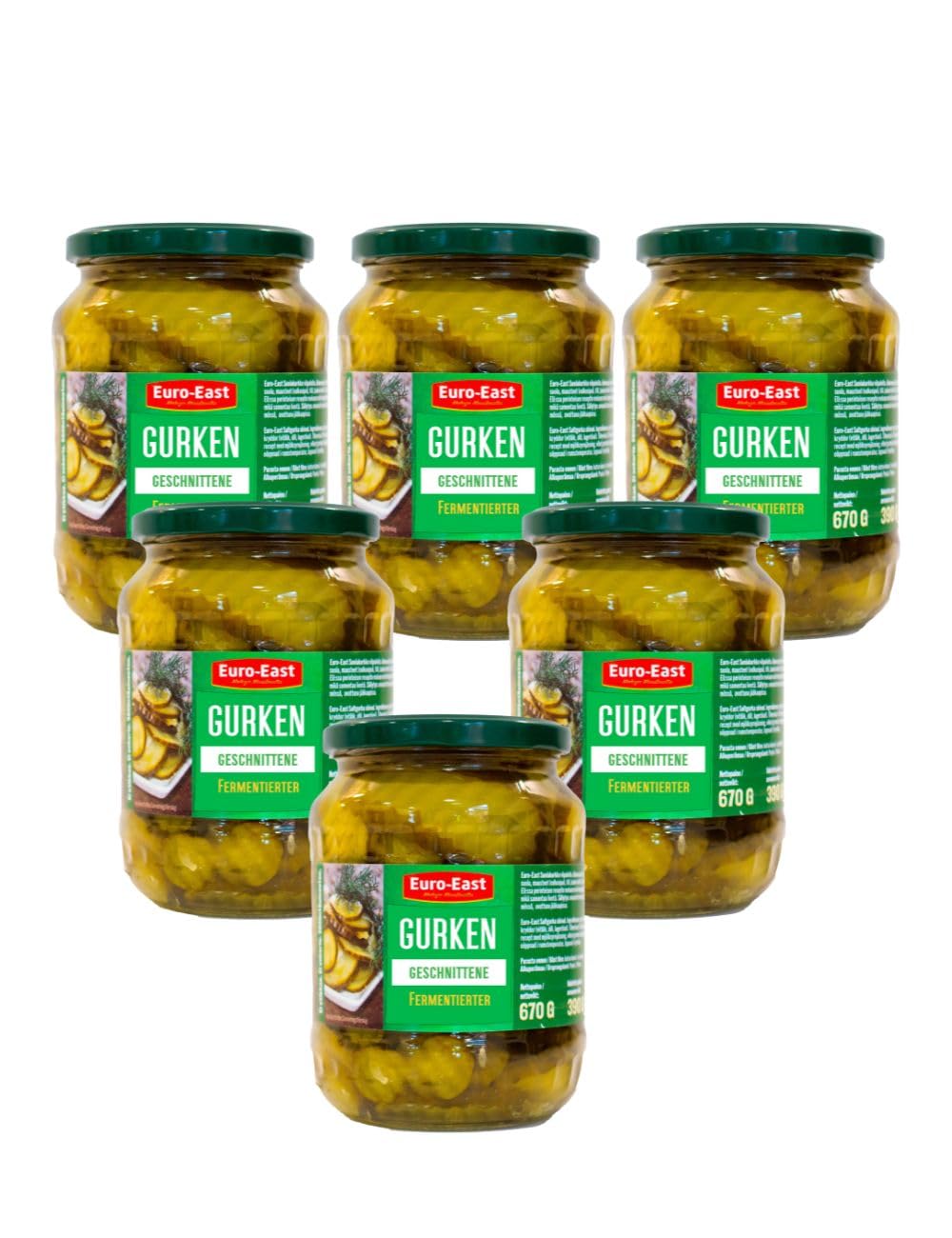 East-Euro fermentierte geschnittene Gurke 6er Pack im Glas x 670g | Hergestellt nach der traditionellen Beizmethode | Milch Saure Gurken 6 x 670 g/390 g