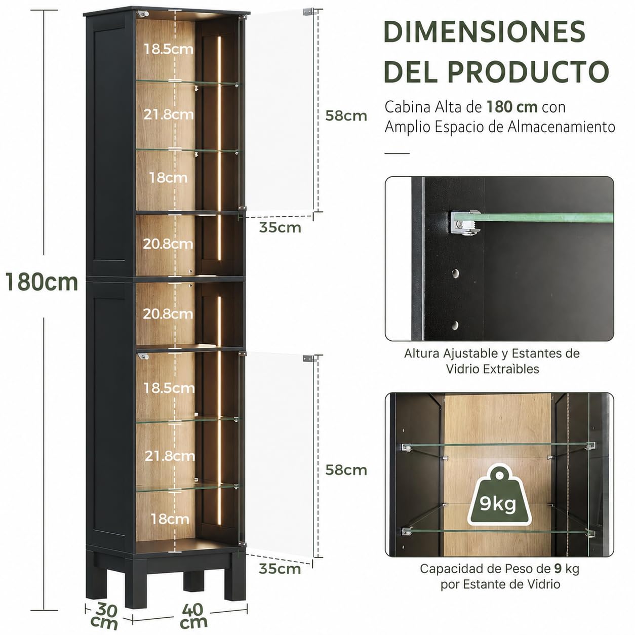 ZKIODV 180cm Vitrina de Cristal LED, Estrecha Armario Vitrina con 8 Estantes, Puerta de Vidrio Templado, Balda Ajustable y Desmontable, Moderna Vitrina para Salón Baño (Negro)
