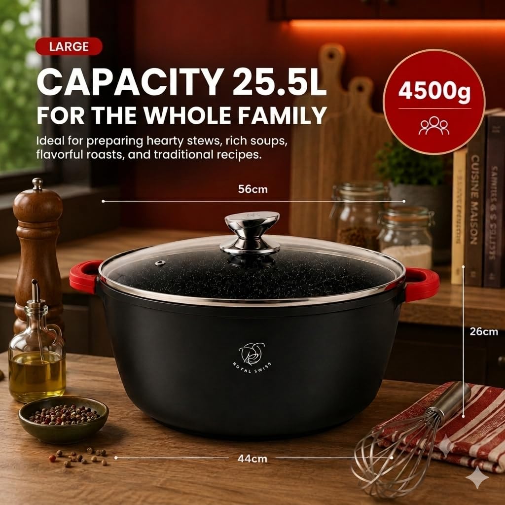Royal Swiss Olla de 44 cm, color negro, 23 L, revestimiento de mármol, tapa de cristal, apta para inducción y horno, aluminio fundido, asas de silicona extraíbles