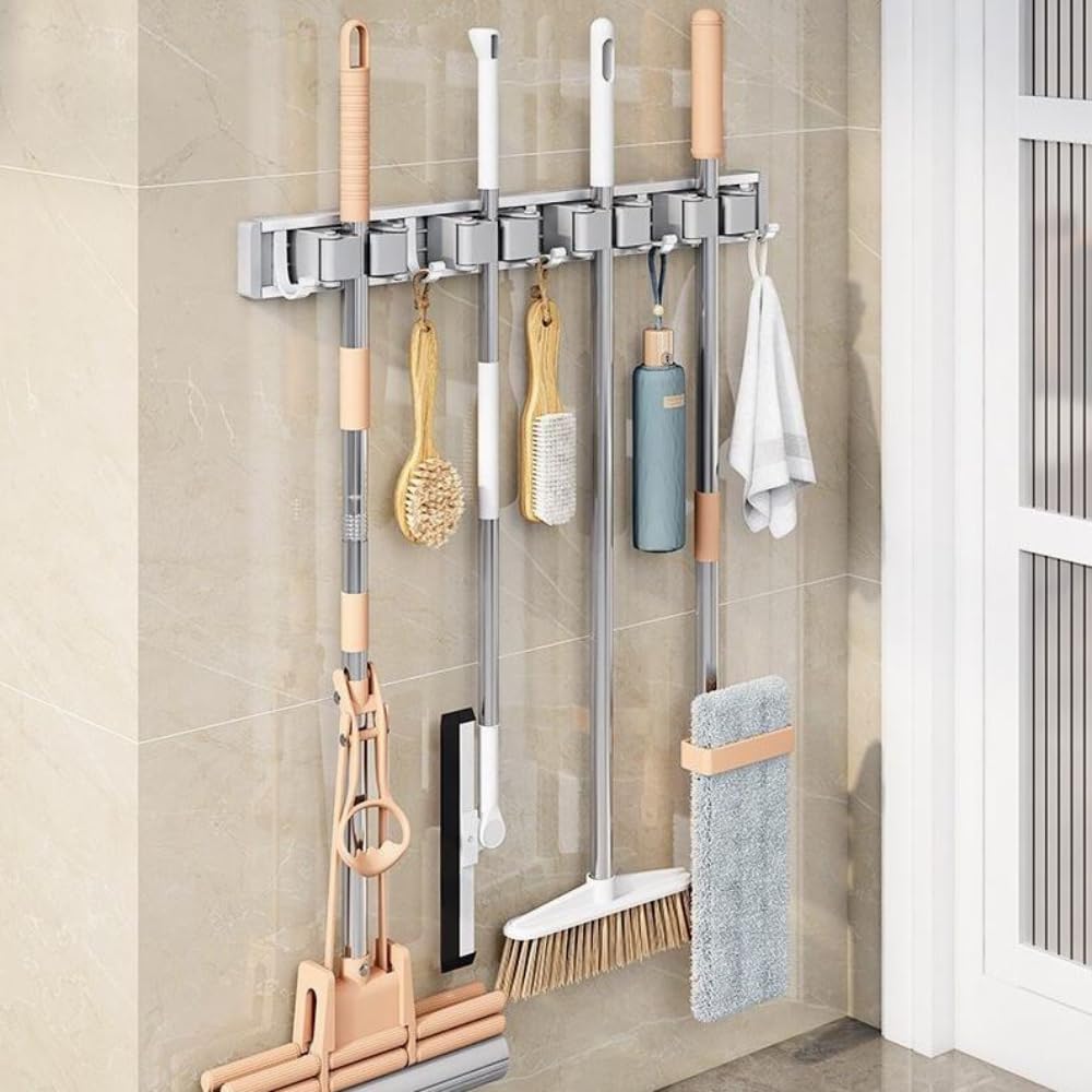 star work heavy-duty space aluminum wall mop & broom holder, waterproof organizer with dual non-slip grips and utility hooks, no-drill adhesive mount for kitchen, bathroom. (4 mop holder 5 hooks)