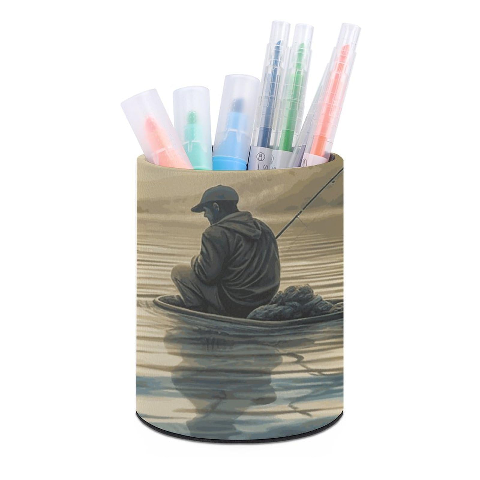 DWVTSLH Aesthetic Pen Holder for Desk - Modern Leather Pencil Holder - Stylish Round Makeup Brush Holder - Lake Fish Fishing Pen Cup Cute And Functional Desk Organizer for Office Supplies