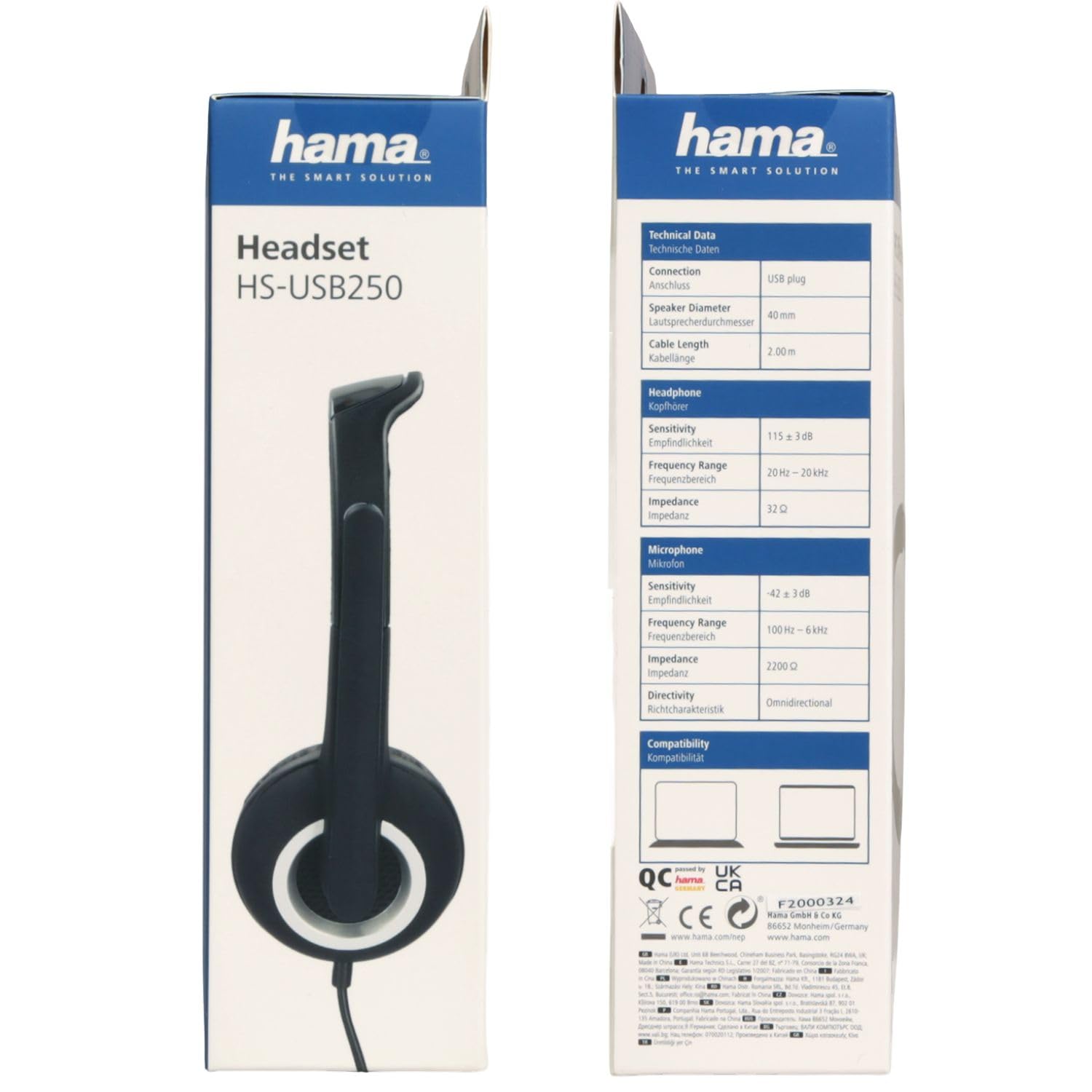 Hama HS-USB250 - Auriculares de Oficina con micrófono, USB, estéreo, Color Negro