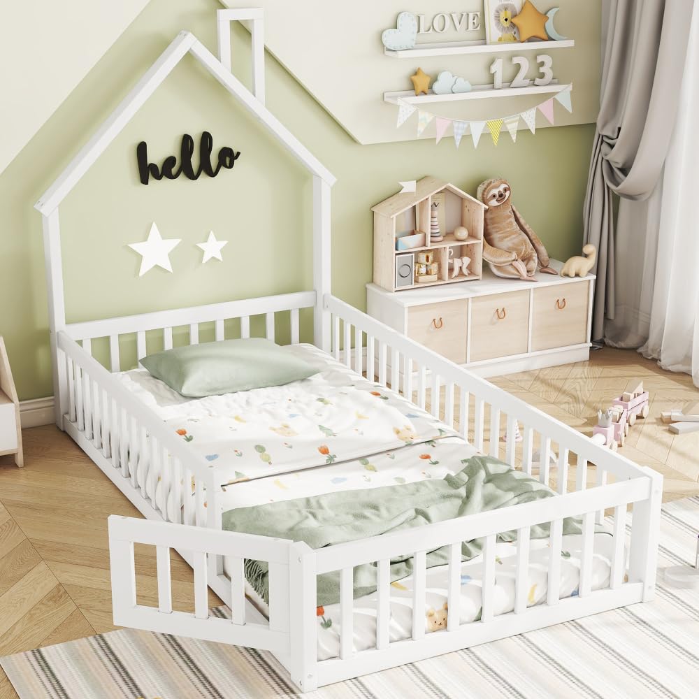 Cama nido para niñas, cama infantil con forma de chimenea, cama con somier (sin colchón), madera de pino, estilo minimalista (blanco, 90 x 200 cm)