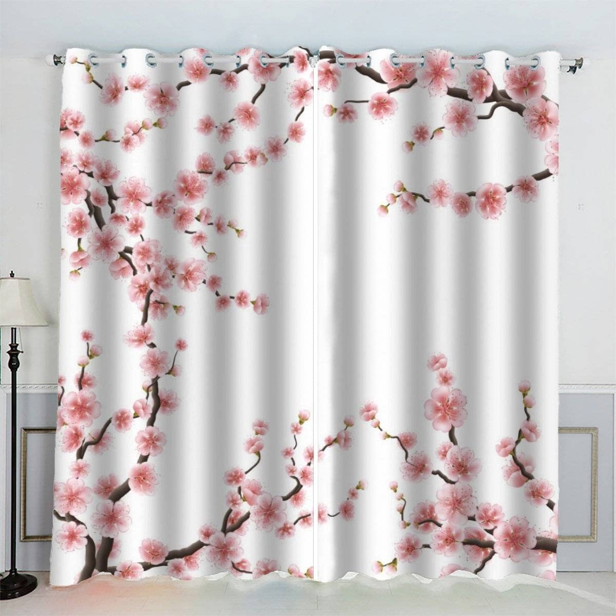 VASENA Cherry Blossoms Floral Pattern Curtains Japanese Pink 3D Pattern Eyelet Thermal Insulated Room Darkening Blackout Window Drapes for Bedroom Living Room Home Decoration (W234xL137cm)