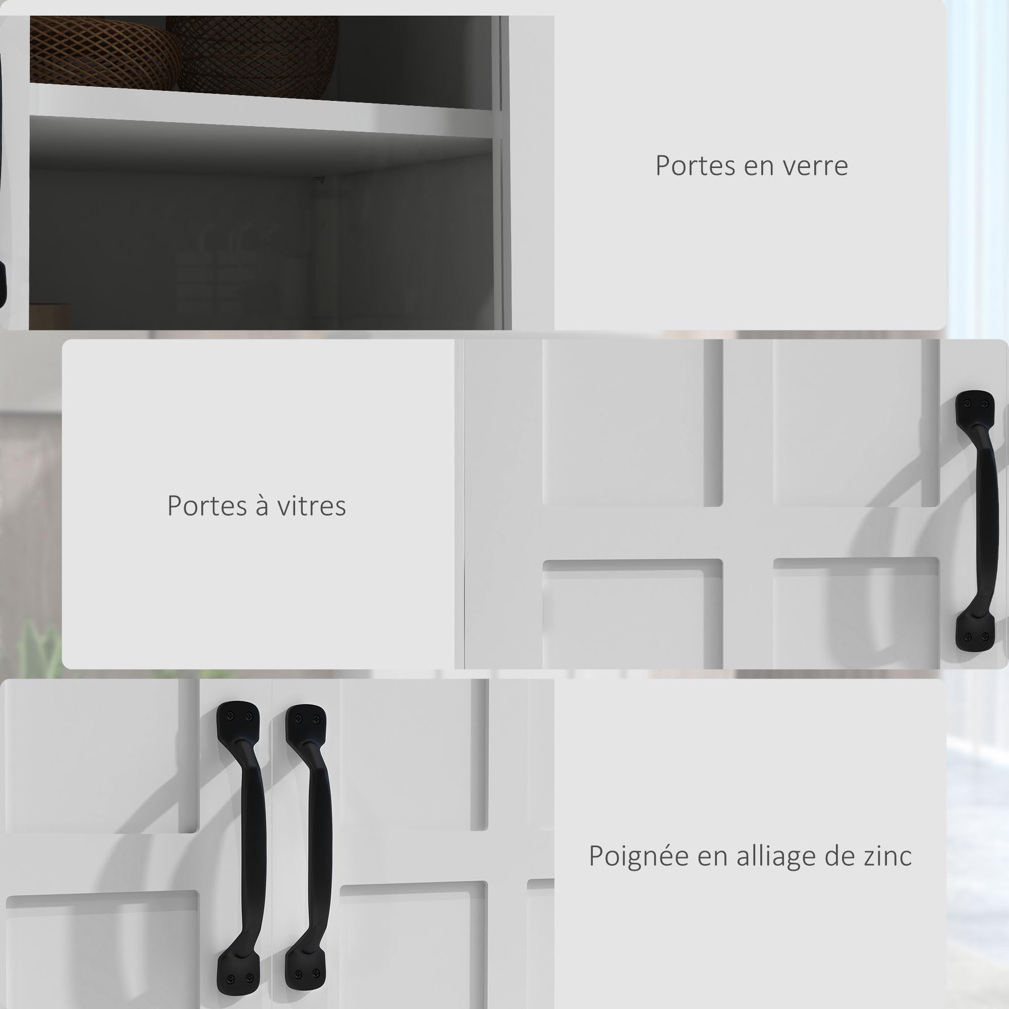 HOMCOM Buffet de Cuisine Armoire de Cuisine contemporaine Multi-rangements 2 placards, Portes en Verre, 4 étagères en Bois Blanc