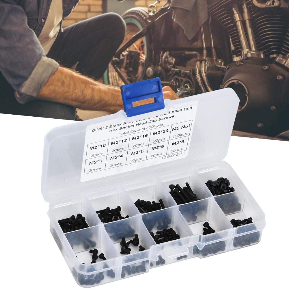 300PCS M2 x 3-20mm 12.9 Grade Black Hex Socket Screw Bolt and Nut Kit Alloy Steel Button Head Socket Cap Bolts