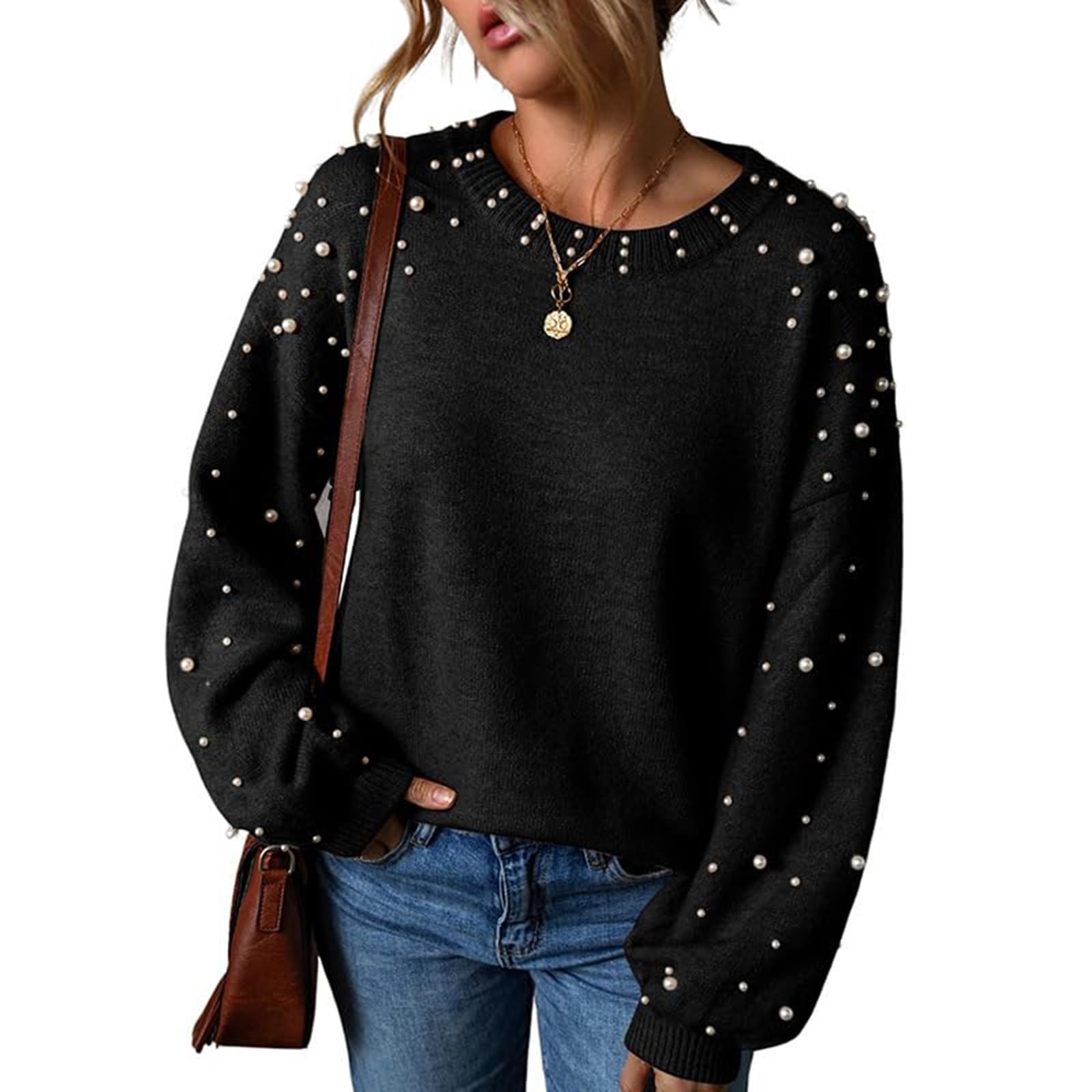 Womens Pearl Embellished Knit Sweater Long Sleeve Pullover Soft Cotton Crewneck Top Fall Winter Trendy Casual Comfort