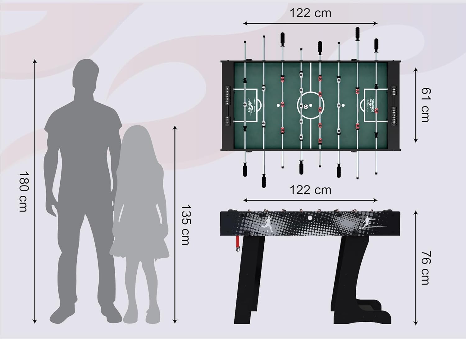CARROMCO Rialto XT Tischkicker| Klappbarer Kinder - & Jugend - Kickertisch | KLAPPBARER TISCHKICKER: Platzsparender Kicker (17,5 kg) für 2-4 Spieler. Inklusive 2 Bällen & praktischer Wandhalterung