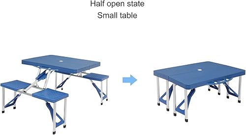 Miniatura 7 de Mesa de picnic plegable para acampar con asientos/agujero para paraguas, para interiores y exteriores, resistente, portátil, con asa, bloqueo para
