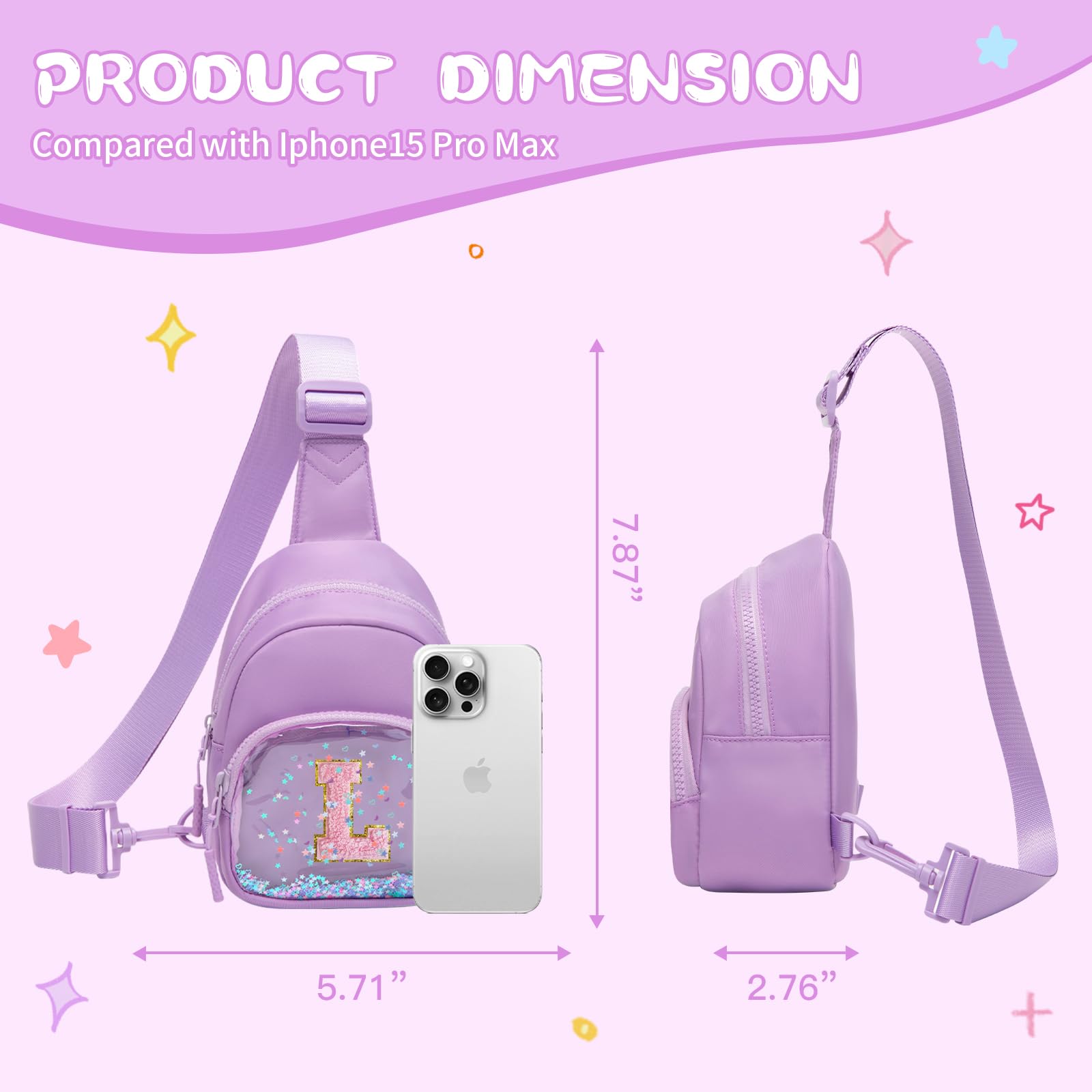Viverte Birthday Gifts for Girls Small Clear Initial Sling Bag Crossbody Bag Purse Fanny Packs Personalized Monogrammed Gifts for Girls for Travel (Lavender-L) - 5