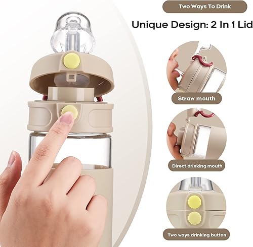 Miniatura 3 de chunmo Botella de agua de vidrio de 24 onzas con tapa de popote y boquilla, botellas de agua reutilizables para mujeres, boca ancha, sin BPA,