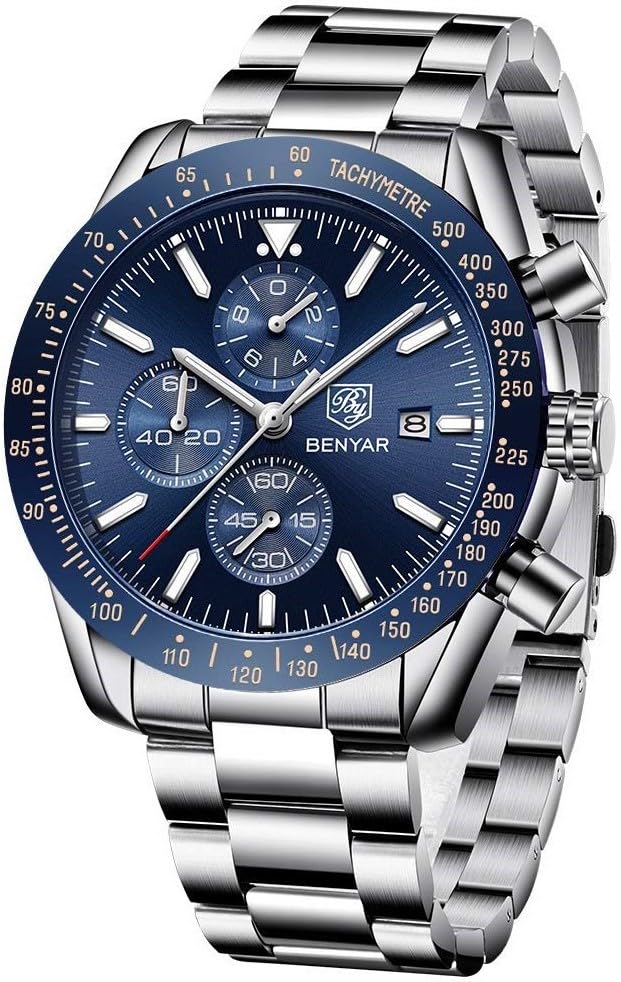 BENYAR Luxury Stainless Steel Party-Wear Chronograph Date Display Watch For Men, Blue Dial, Silver Band (B08425R5GY) Amazon Price History, Amazon Price Tracker