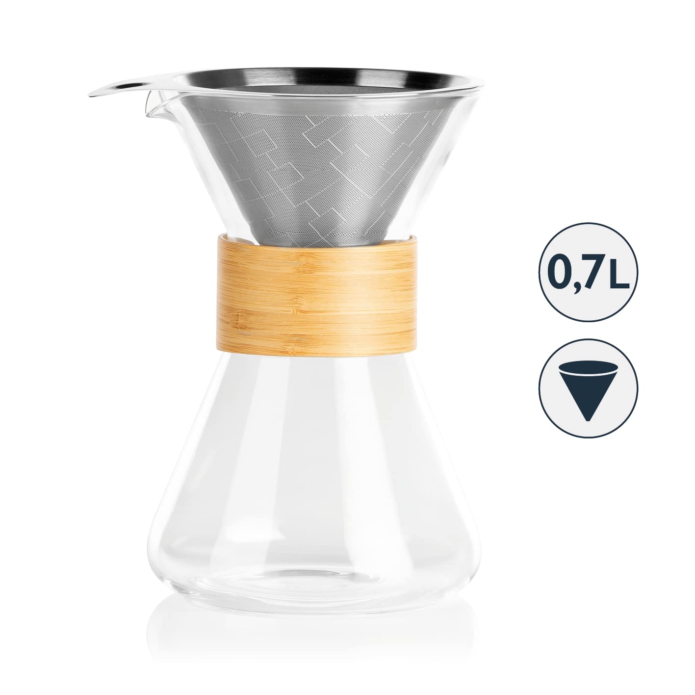 BEEM Jarra de café Pour Over - 0,7 L | Diseño de bambú y vidrio | Vidrio de borosilicato resistente | Con filtro permanente de acero inoxidable | Hasta 6 tazas