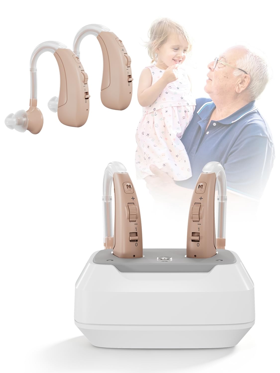 Amplificador de sonido con filtrado de ruido【Actualización 2026】, ultraligero (6 g), carga rápida, volumen ajustable, 4 modos adaptativos, base de carga USB y 4 almohadillas auriculares