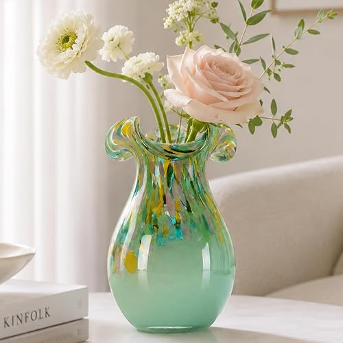 Hand Blown Glass Vase, Aqua Green Ruffled Art Vase for Flowers, Wide Mouth Flower Vessel for Home Decor, Tabletop Shelf Mantel Living Room Centerpiece