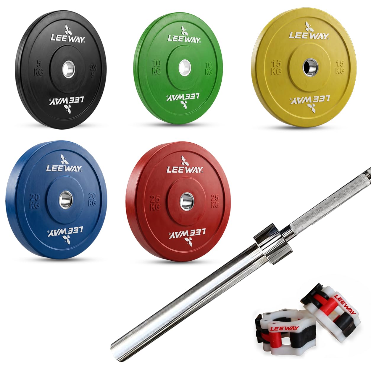 Leeway Olympic Barbell with Color Bumper Weight Plates | 150 Kg Rubber Weight Set and 7.2 Ft & 20kg Otis Chrome Gym Bar | Olympic Weightlifting Gym Plates for Home and Commercial (5x2+10x2+15x2+20x2+25x2) discount deal
