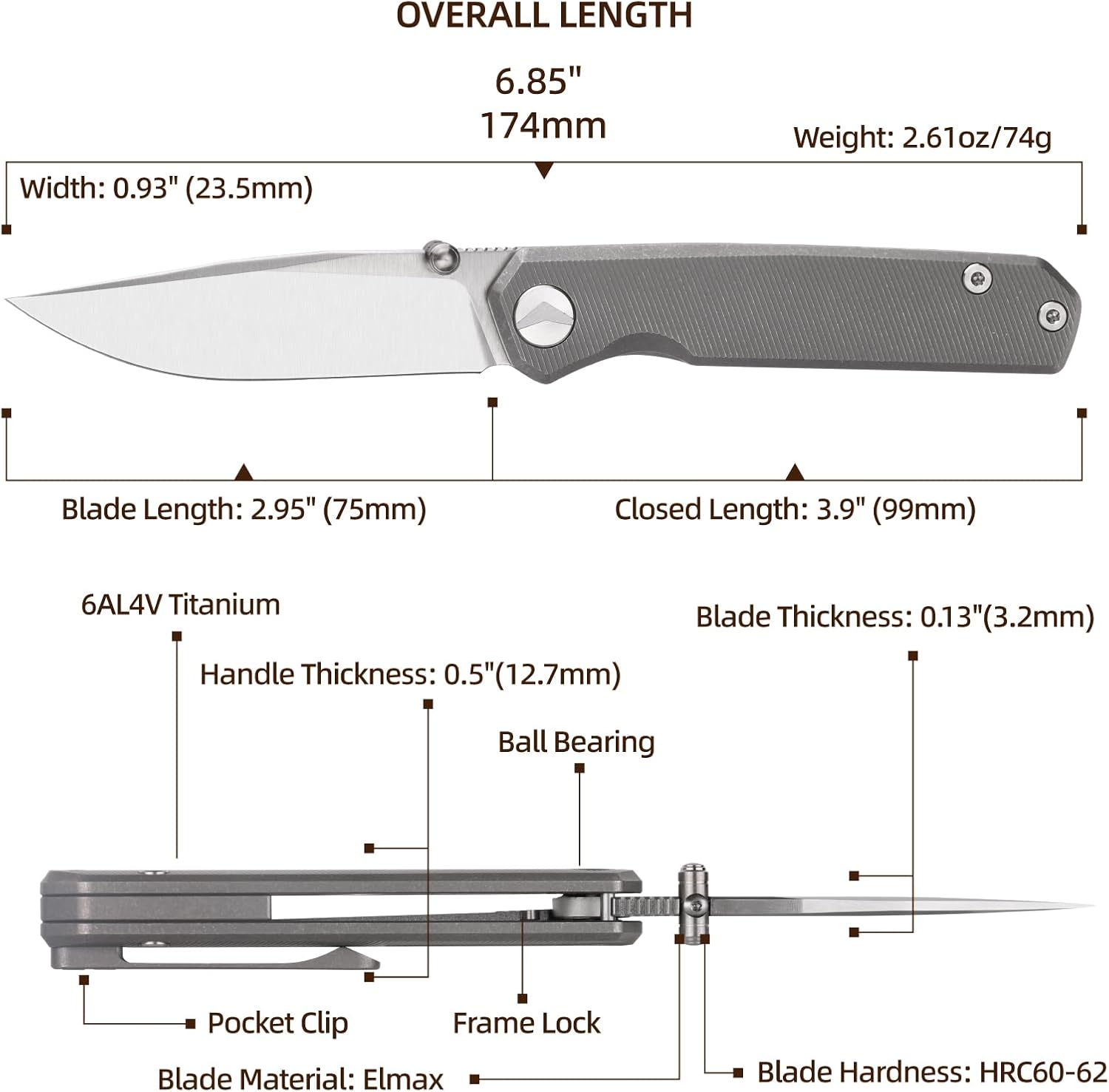 Folding Pocket Knife, 2.95" Elmax Blade EDC Knife with Titanium Handle and Frame Lock, Small Pocket Knife with Clip for Men, Sharp Camping Hiking Hunting Survival Knives (Grey)