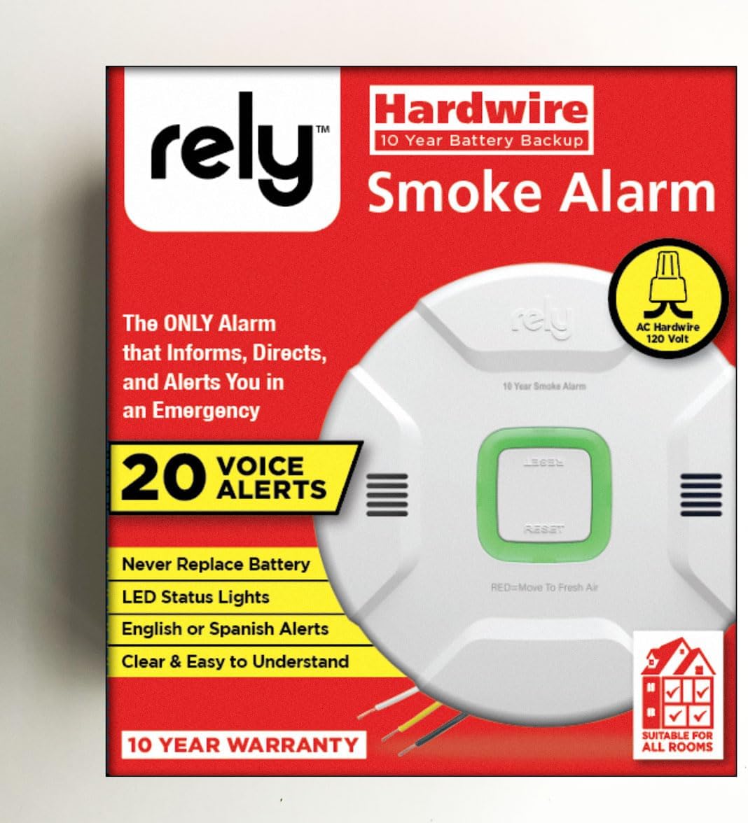 Rely Smoke Alarm – RealAlerts Voice & LED Warning System, AC Hardwired with 10-Year Sealed Backup Battery, Model 7600
