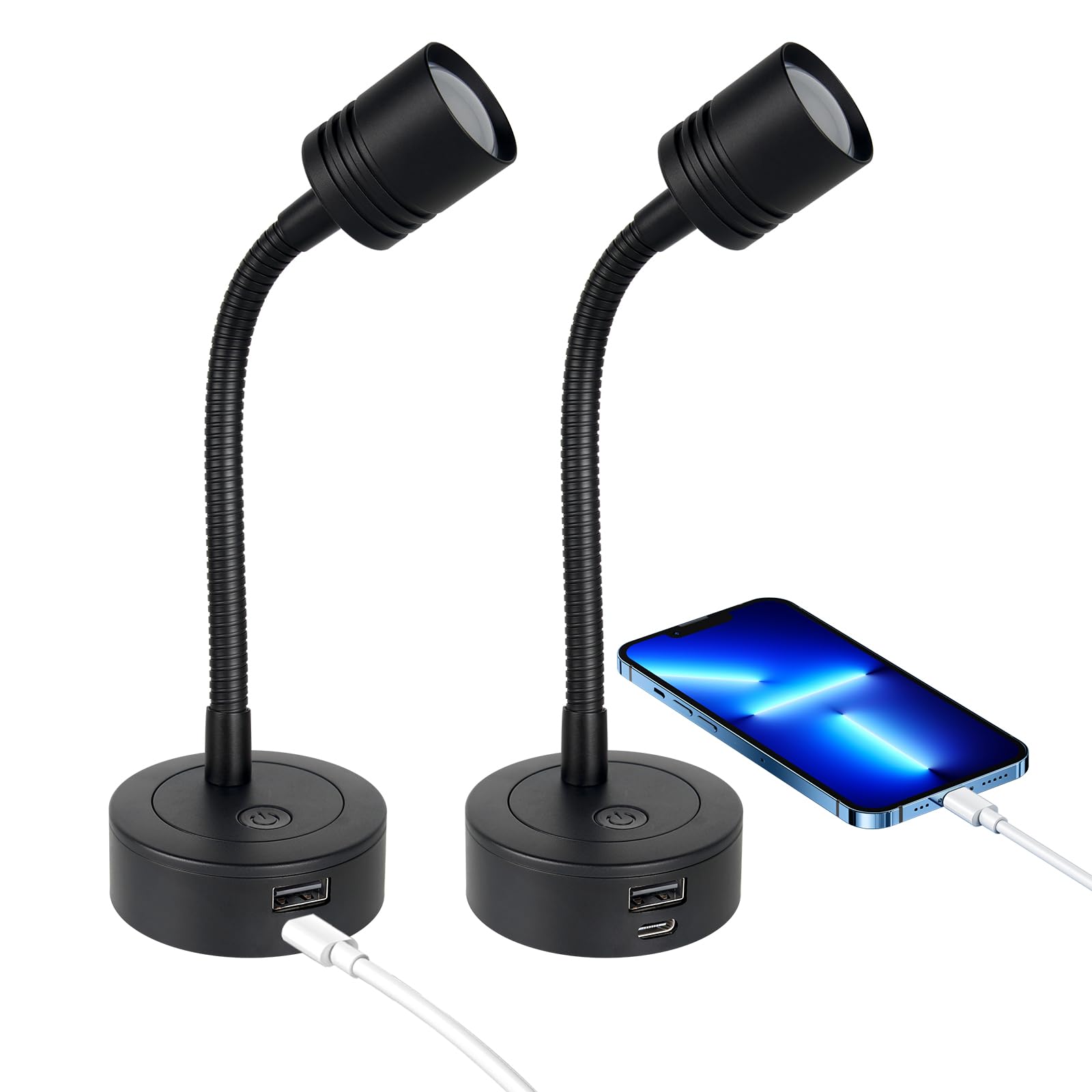 2 x Lampe de Lecture 12V LED Spot 3200K (Dimmable) et Veilleuse Rouge Douce, Équipé de Ports USB-A et USB-C, Flexible Col de Cygne Applique pour Camping-Car Bateau Caravane Voiture (Noir)