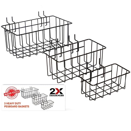 Madd Tools Double D For Double Duty BASKETS-3 Heavy Duty Peg Board Hook Baskets For ¼ Pegboard Holes cover