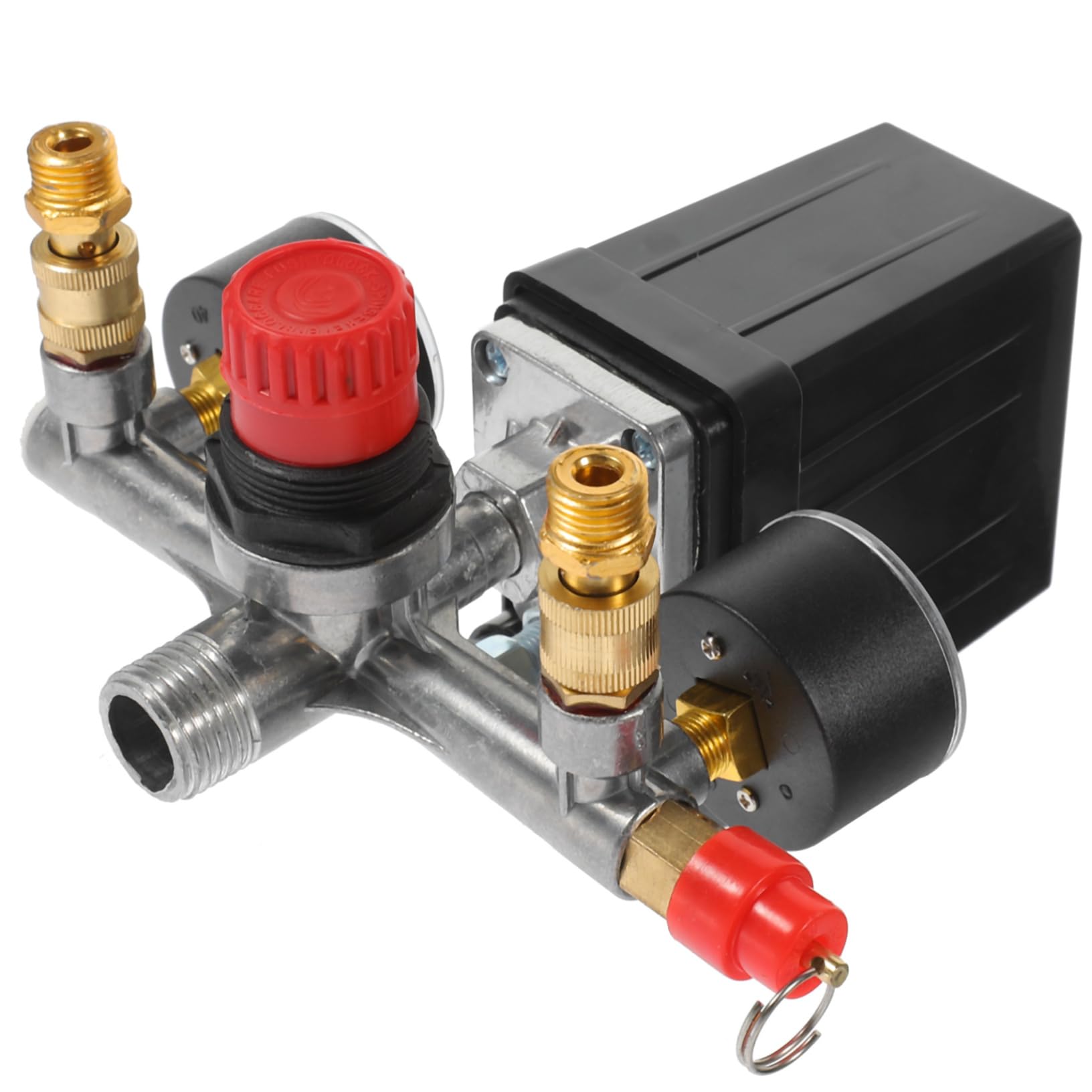 Staffa Interruttore di Pressione a 1 Foro con Manometri, Valvola di Sicurezza, Controllo della Pressione, Acciaio Inox e Plastica per Compressore Aria