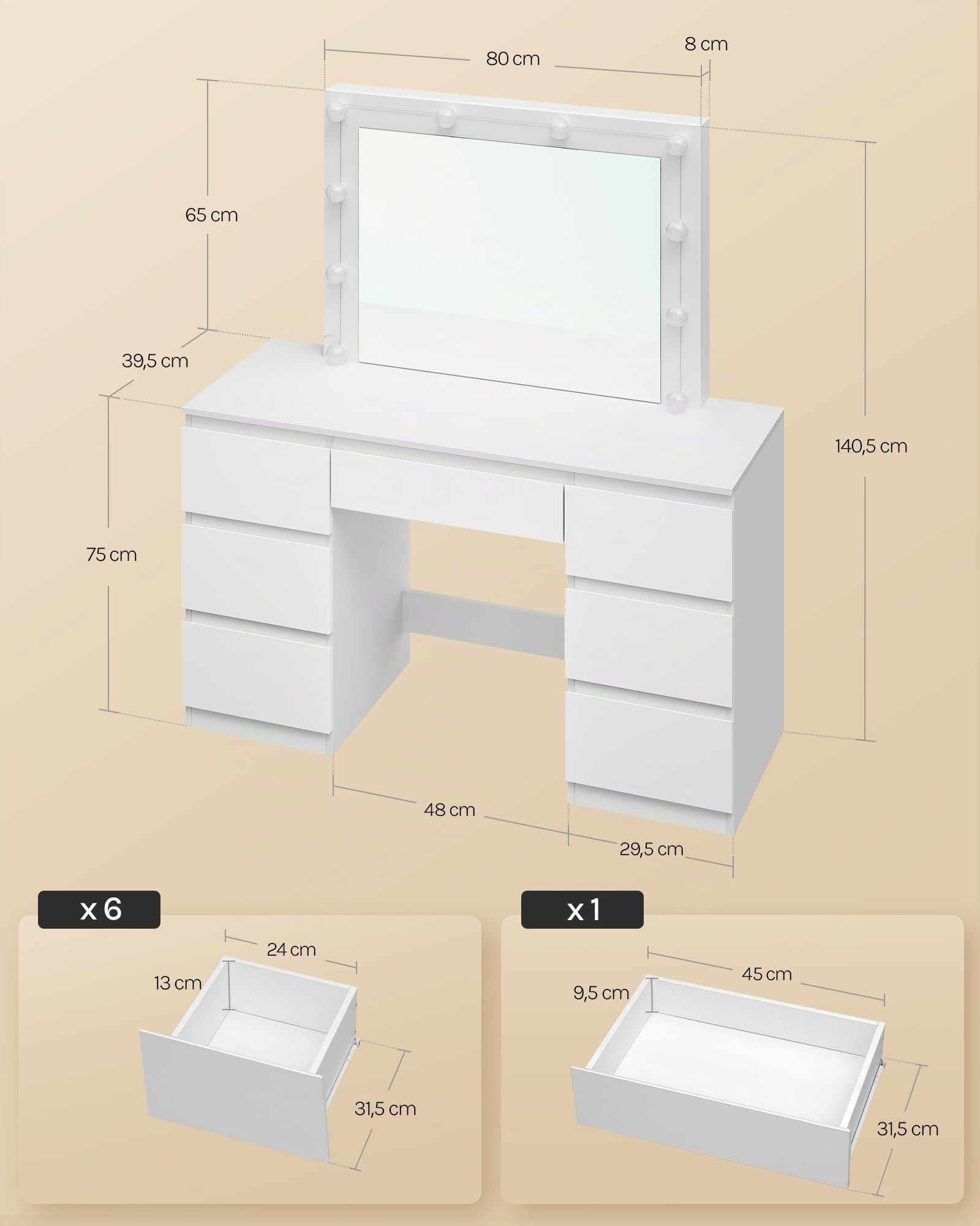 WOLTU Vanity de Maquillaje, Tocador de Maquillaje con Taburete, Tocador con Espejo y Luz LED, Luz Ajustable, con 7 Cajones, para Dormitorio, Sala de Belleza y Vestidor, 107x39,5x140,5 cm, Blanco