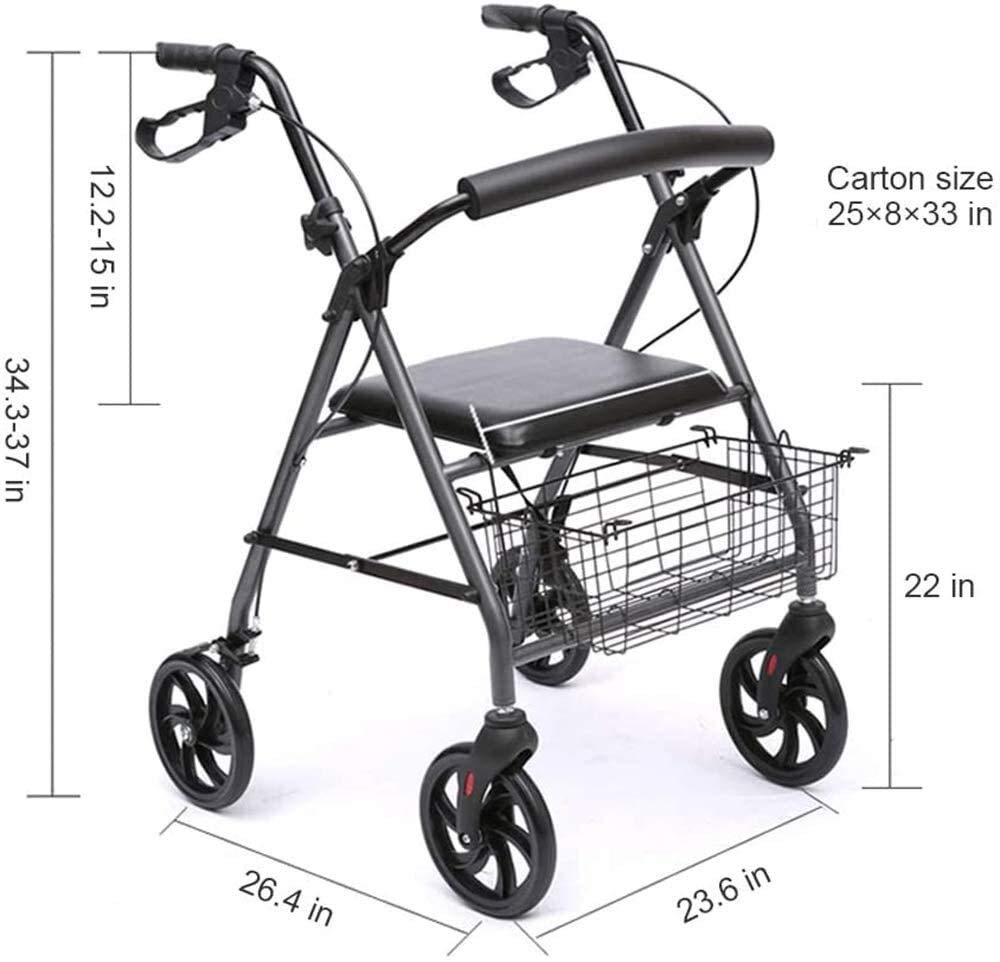 Seniors Rollator aluminiowy czterokołowy rollator pomoc w chodzeniu, kosz na siedzenie i zakupy, regulowana wysokość, lekka i bezpieczna konstrukcja