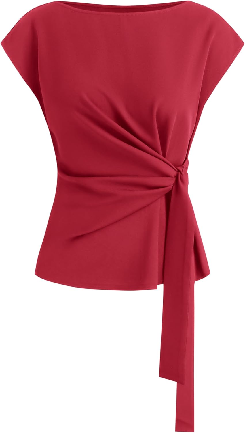 BTFBM Womens Tops Summer 2026 Cap Sleeve Crew Neck Tie Waist Blouses Dressy Casual Business Work Clothes Spring Fashion