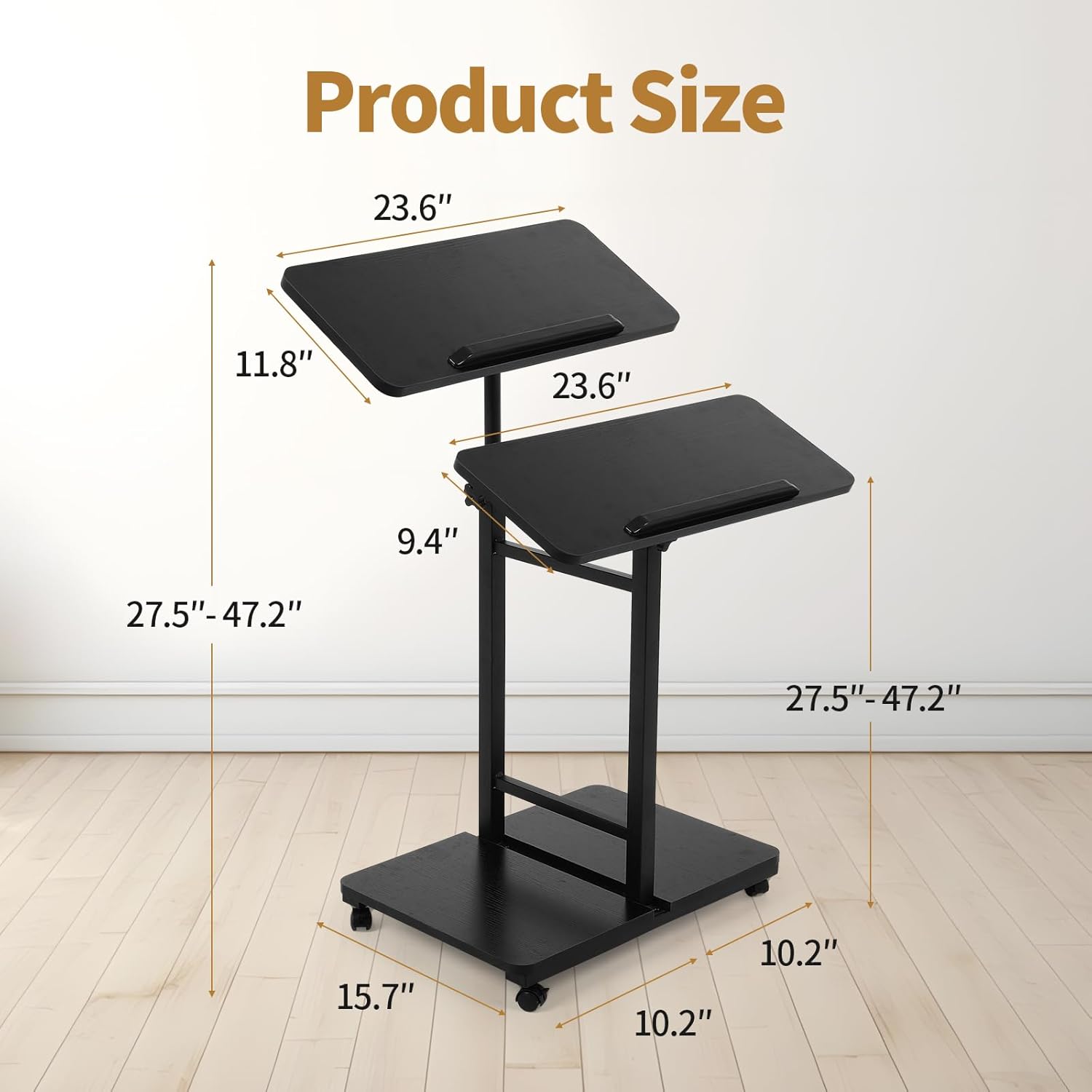 Rolling Desk for Laptop - Standing or Sitting Mobile Computer Cart with Wheels, Adjustable Height & Angle 23.6-inch Surface - Portable Home Office Workstation - Black