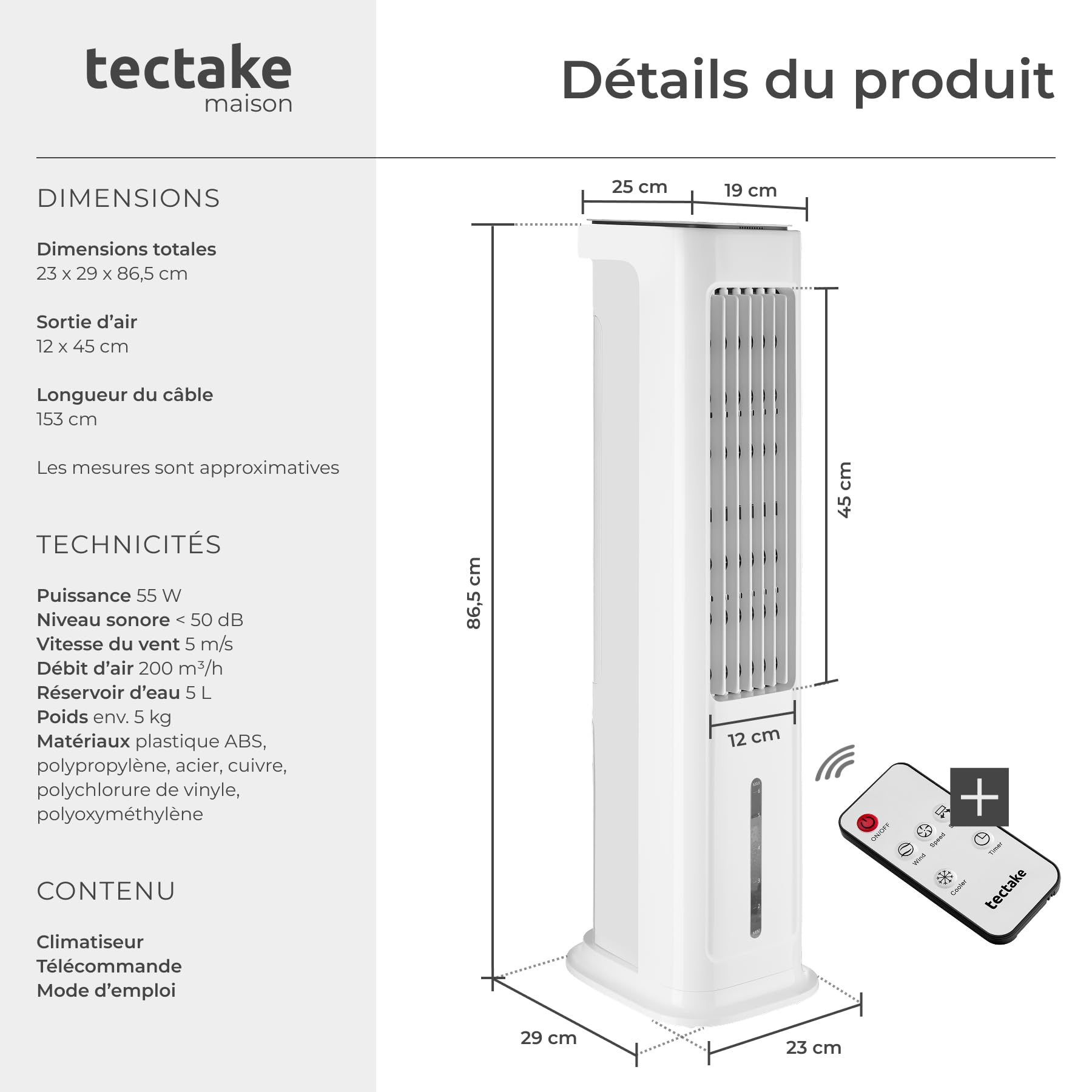tectake® Rafraichisseur d'air 4-en-1, Refroidisseur Portable, Ventilateur, Humidificateur, Purificateur d'air HEPA, Réservoir 5 L, 3 Modes, 3 vitesses, Oscillation, Minuterie 12H, Silencieux, Blanc