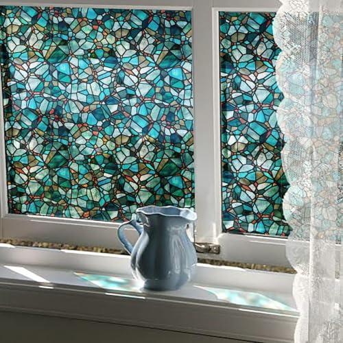 funlife Original Hand-Drawn Privacy Stained Glass Window Film, Single Sided Static Cling Window Cling Suitable for Entryway, Reusable Glass Windows Door Decor, Pine Cobblestones, 16.93
