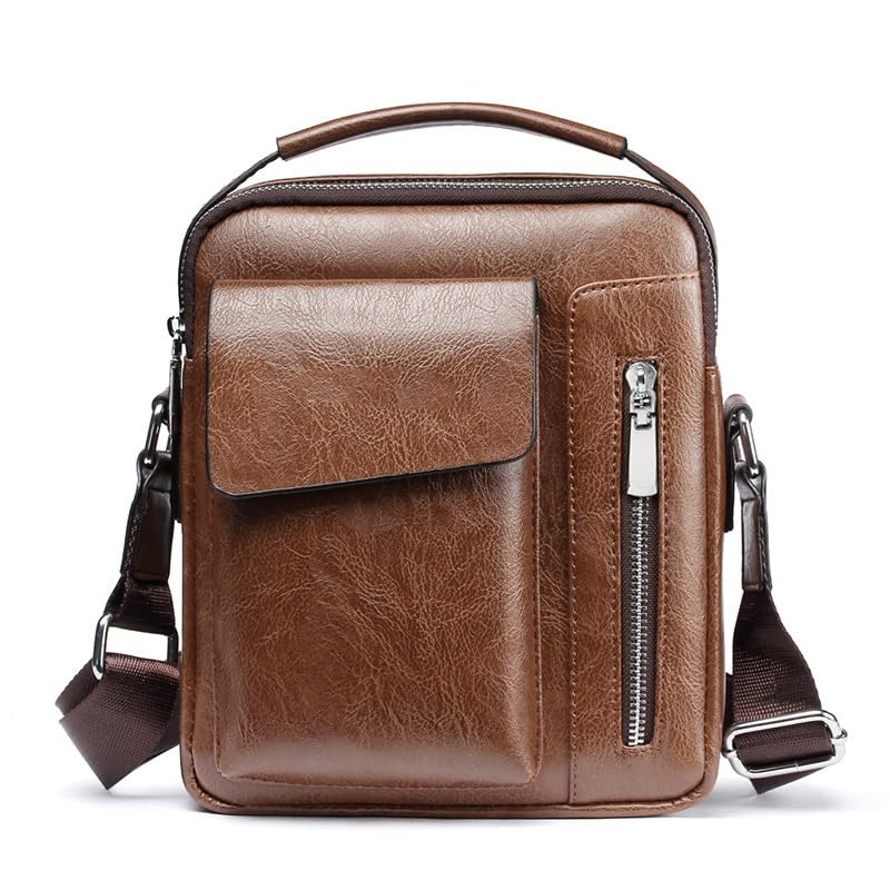 Bolsa Transversal Masculina de Couro Resistente, Bolsa Tiracolo Masculina Pequena Marrom, Bolsa de Mão e Ombro Casual para Homens