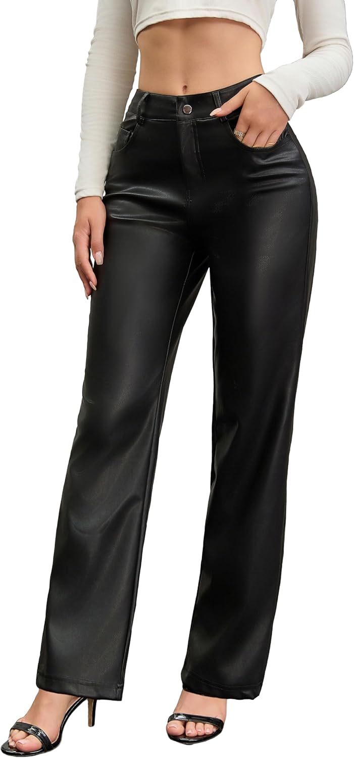 Gaiibbt Women’s High Waist Faux Leather Pants PU Straight Leg Wide Leg Trousers with Pockets