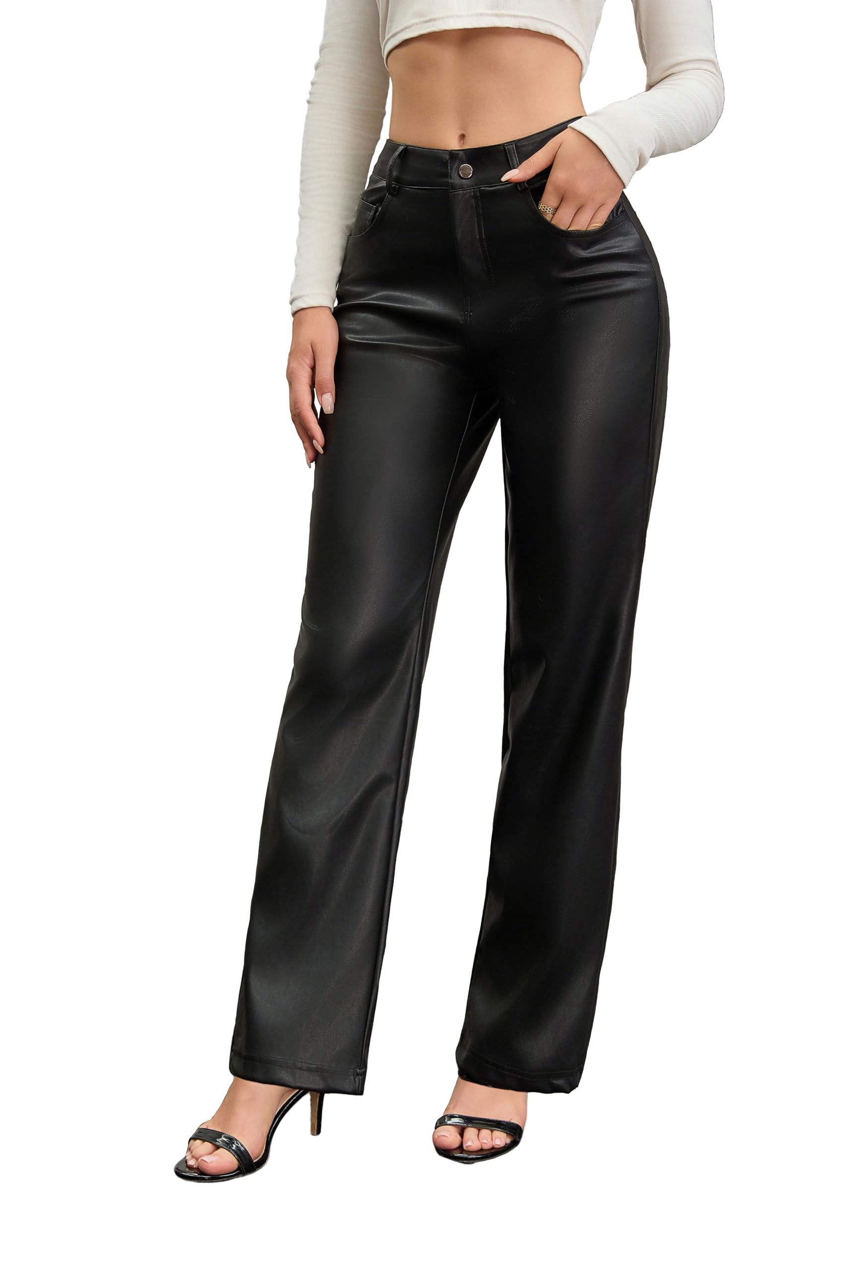 Womens High Waist Faux Leather Pants PU Straight Leg Wide Leg Trousers with Pockets