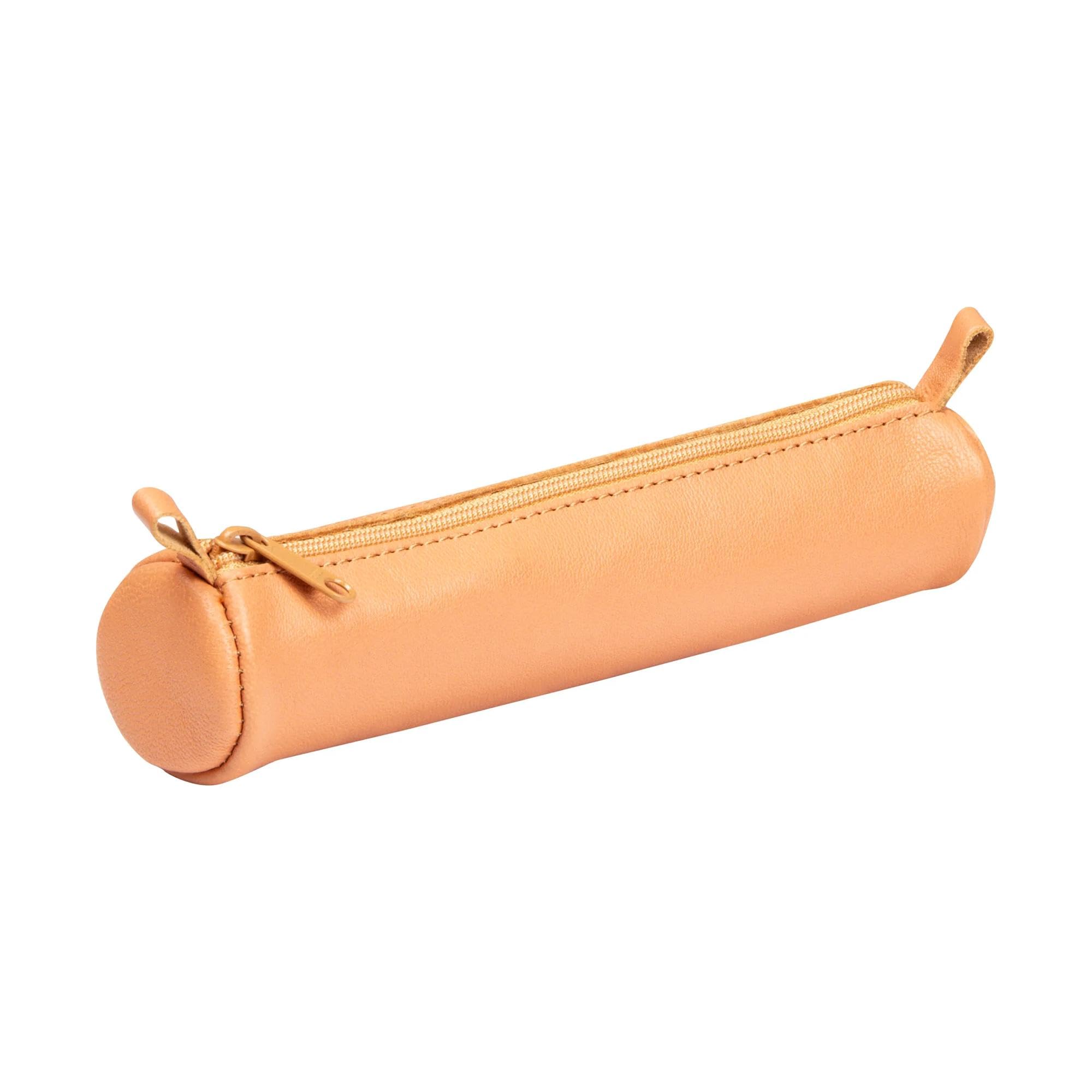 Clairefontaine 8303C - Trousse Scolaire Ronde Ø3,​5x18 cm en Cuir Véritable, Beige