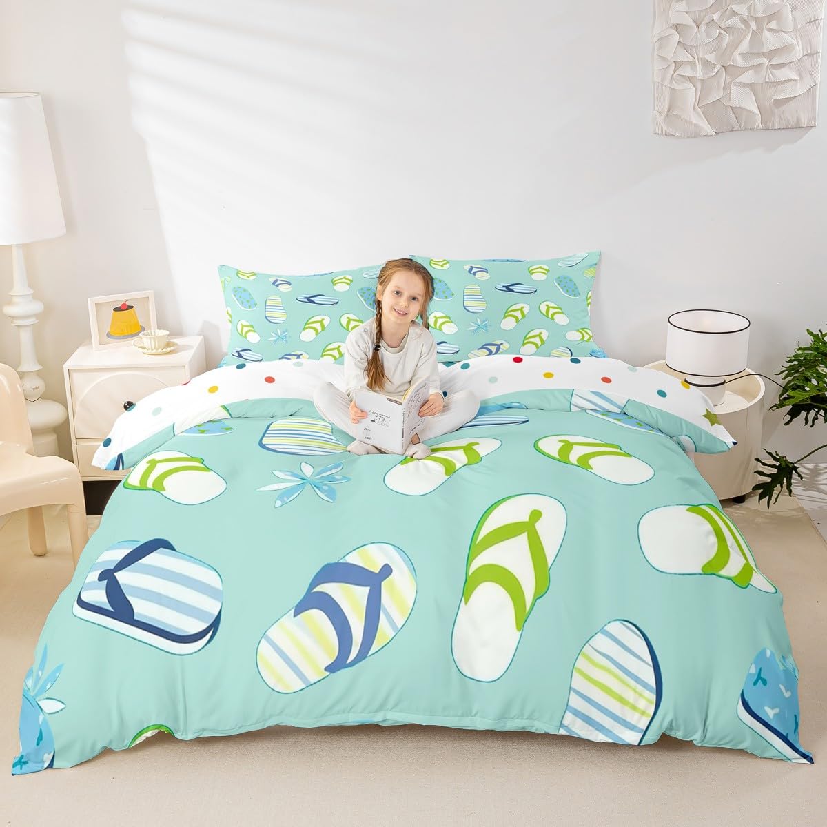 Summer Beach Comforter Cover Flip Flops Bed Set, Stripe Decor Slippers Duvet Cover Queen Size Kawaii Polka Dots Bedding Sets, Teal Bedspread Cover