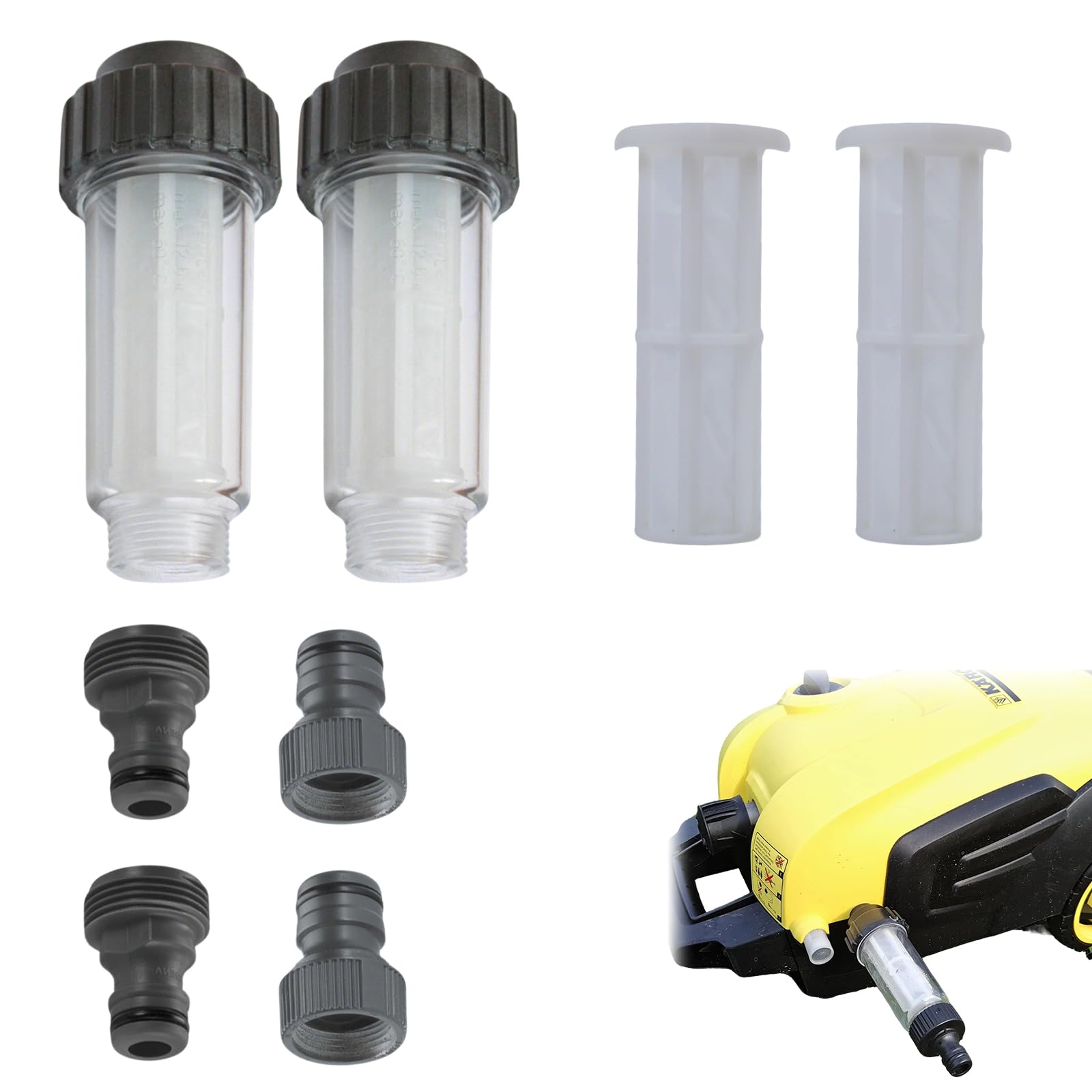 Conjunto de Filtros de Agua para Hidrolimpiadora, Filtro 3/4" para Manguera de Jardín, Kit con 2 Filtros, 4 Cartuchos de Repuesto y Conectores, Compatible con Kärcher K2–K7