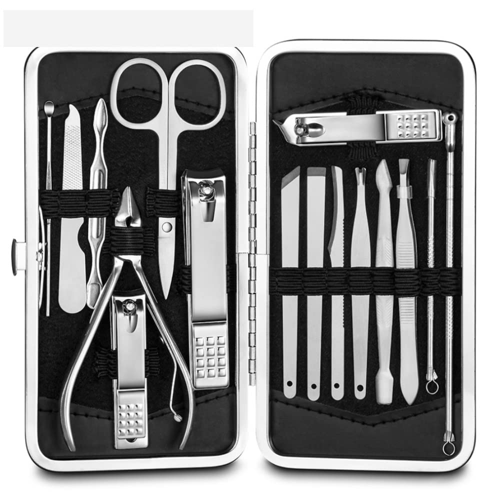 SCRUBY Juego de manicura, cortaúñas y pedicura, kit de manicura profesional de acero inoxidable, herramientas de cuidado de uñas con estuche de viaje (16 piezas, negro)