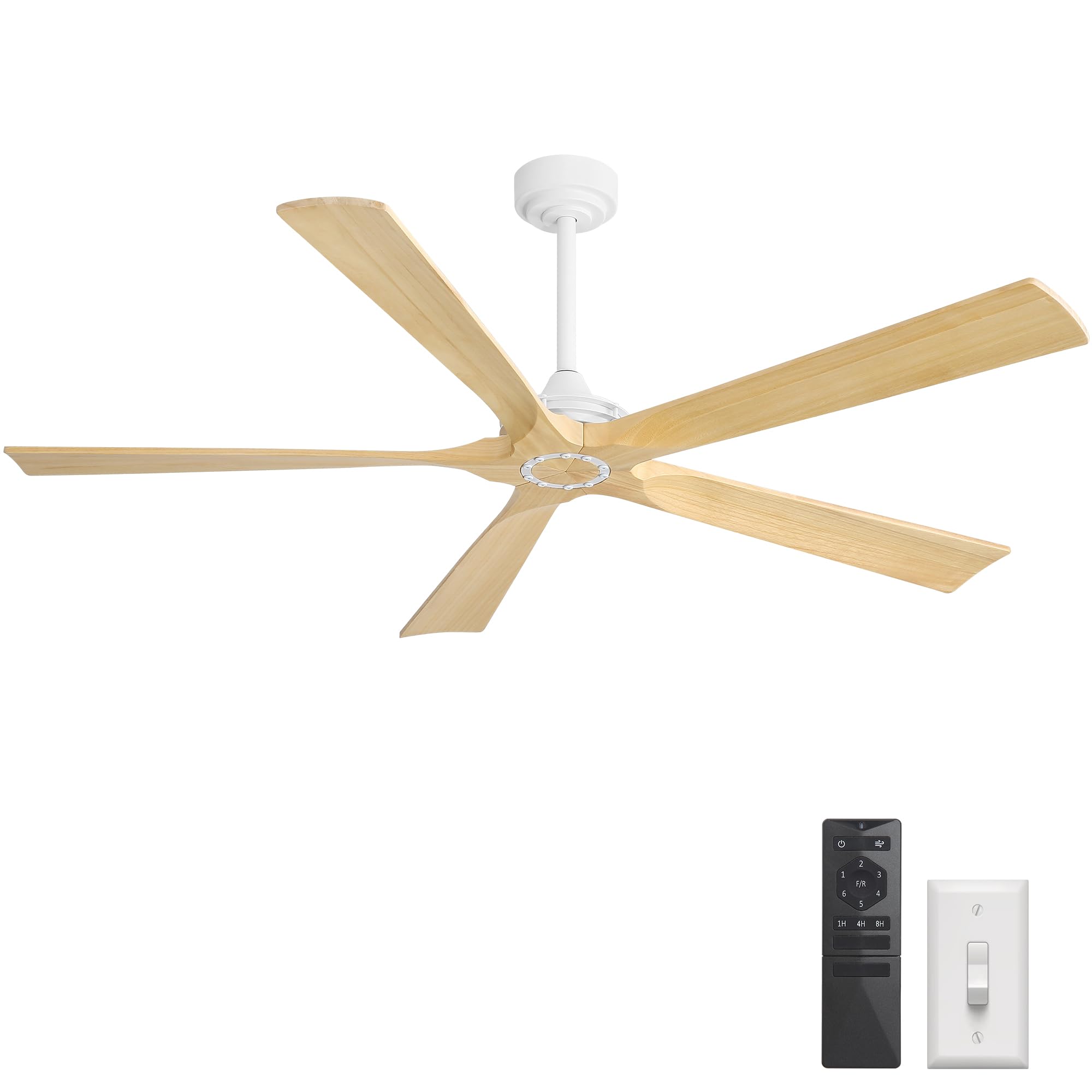 - WINGBO 60 Inch Ceiling Fan without Light - 5 Carved Solid Wood Blades, 6-Speed Reversible DC Motor, Noiseless Remote Control Ceiling Fan No Light for Bedroom Living Room Kitchen, White and Oak