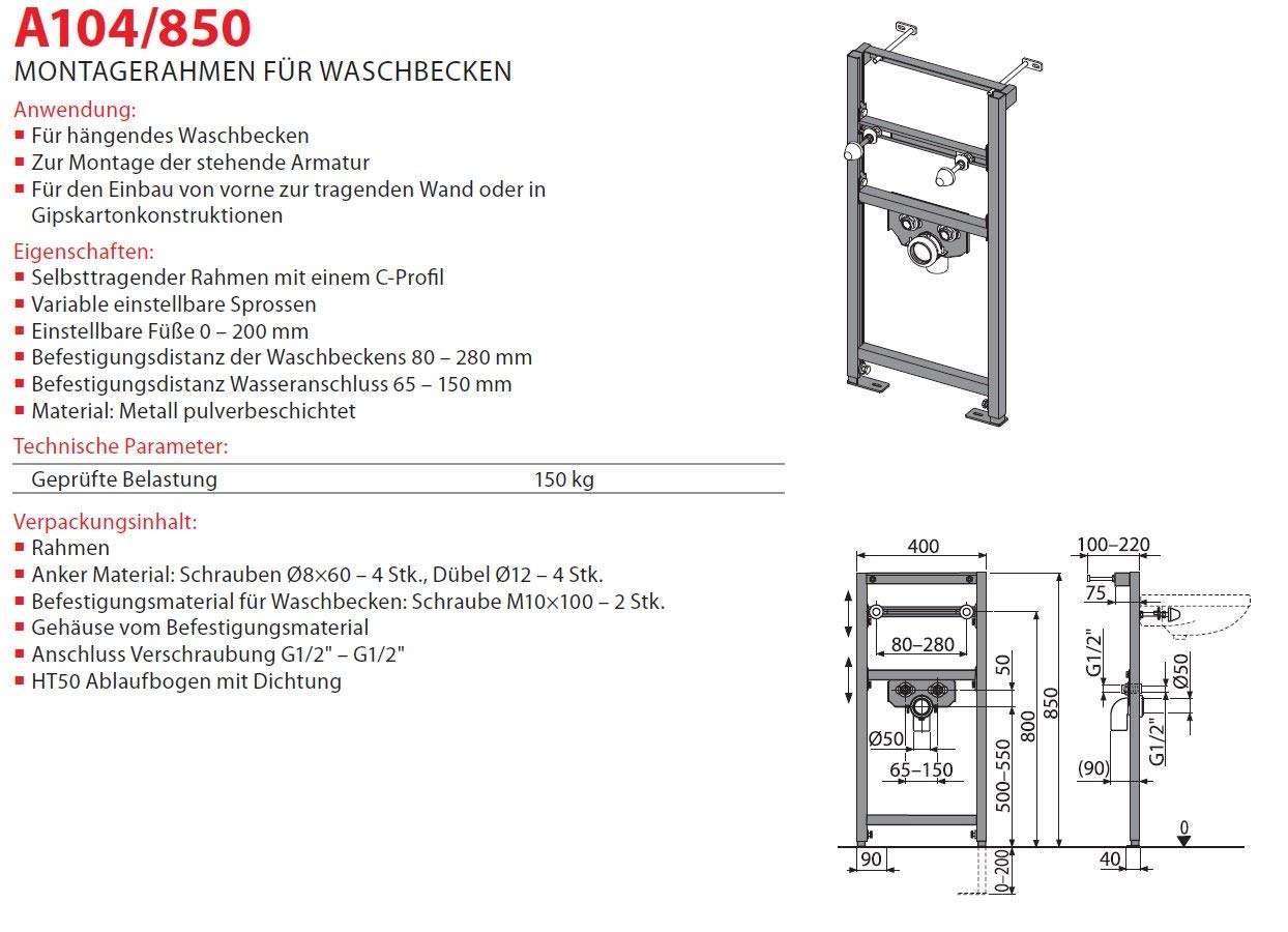 Vorwandelement Montagerahmen für Waschbecken Waschtisch Hänge Einbauelement Wand 85 cm