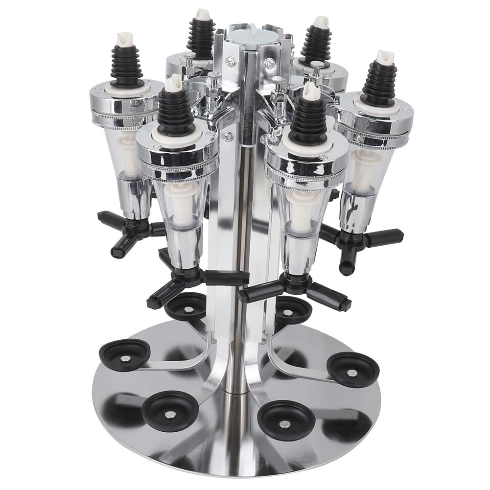 6-Bottle Rotary Liquor Dispenser Stand with 30ml Measured Pour Steel Bar Butler for Wine Spirits Wall or Shelf Mount 24x32cm