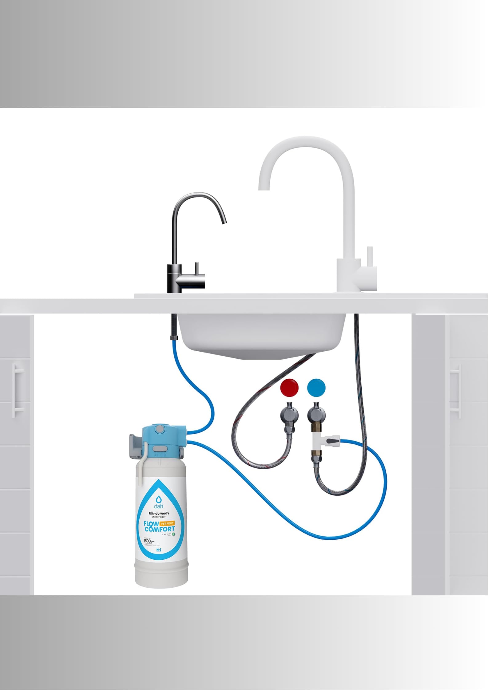 Dafi Flow Comfort Sistema de filtro de agua con grifo alto, filtro de agua potable, juego para reducir la cal y el cloro, incluye indicador LED de cambio de filtro y filtro de flujo Timestrip