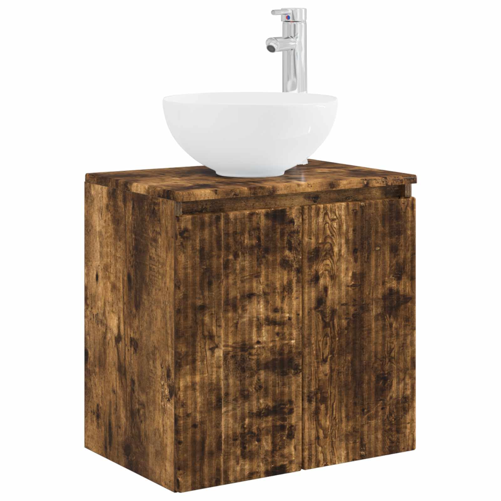Lavabo de pared con lavabo, roble ahumado, 49,5 x 35 cm | Armario de baño con fregadero para baño y aseo de invitados, incluye accesorios para el montaje.