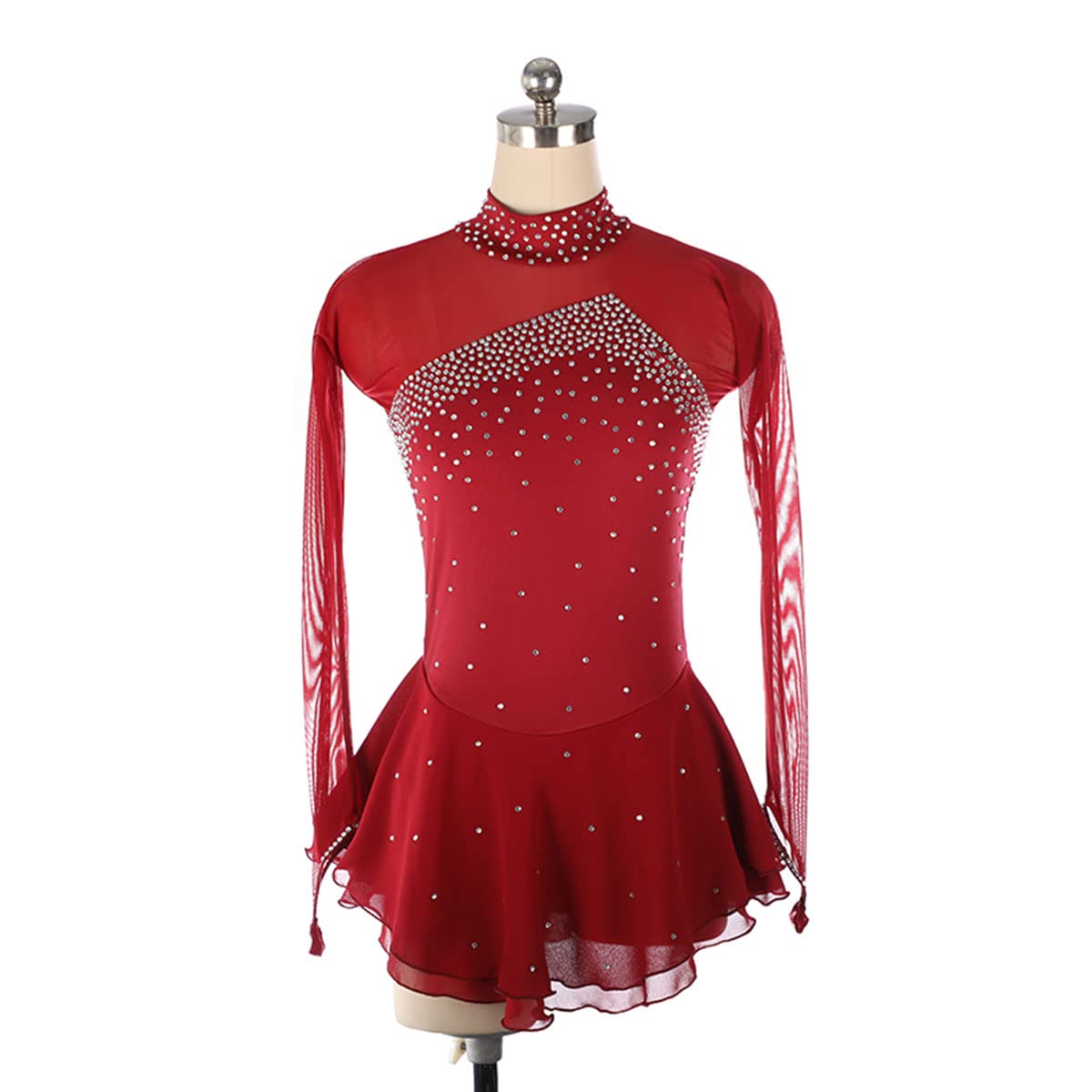 Robe de Patinage Artistique pour Femme Adulte, Jupe de compétition, Strass, col Haut, Manches Longues, Costume pour Fille, entraînement de compétition, athlétisme féminin