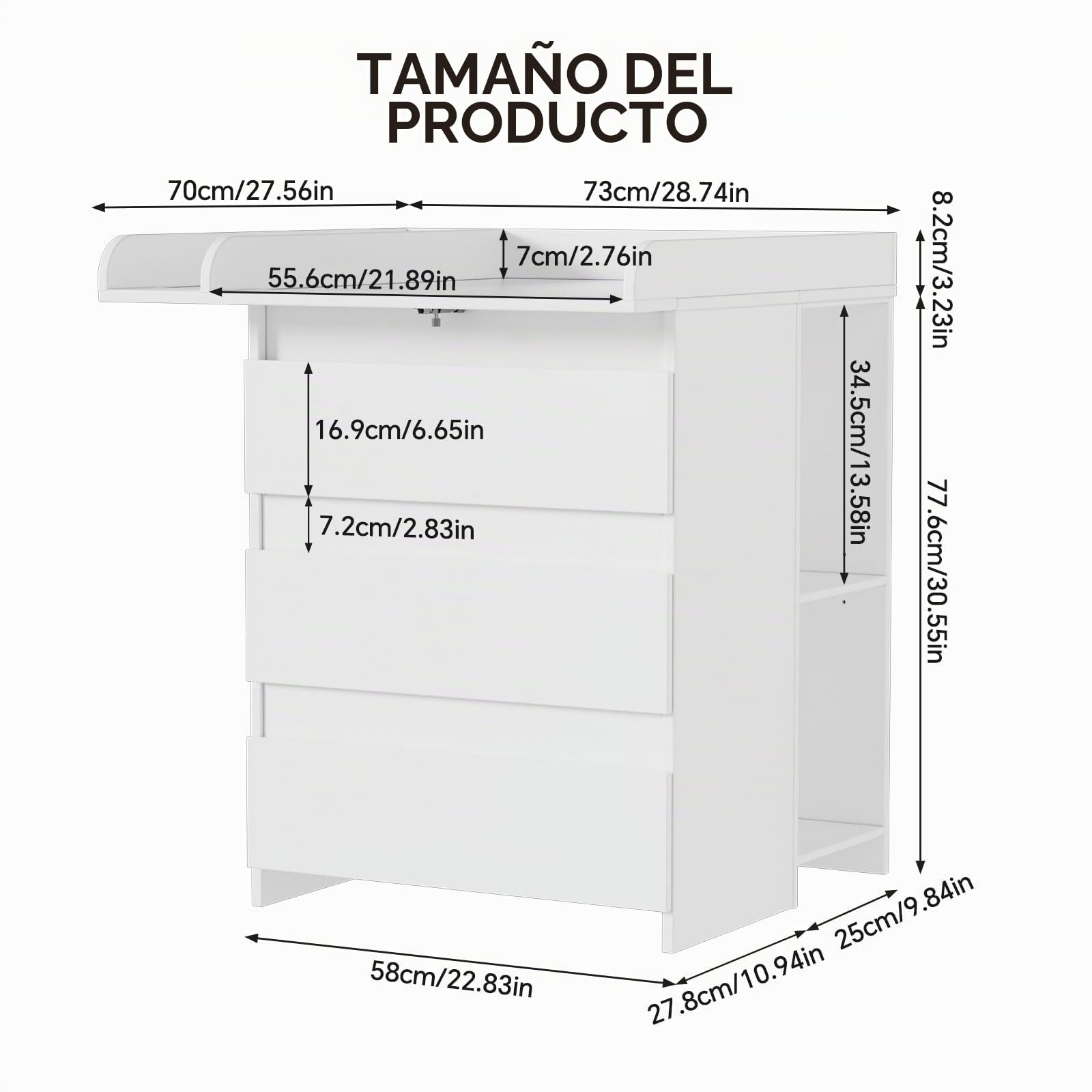 2 en 1 Cambiador Bebe Mueble, Cómoda con Adaptador Cambiador Comoda, Cómoda Cambiador Bebe con 3 Cajones y 6 Compartimentos, Moderno 73x70x78 cm/ 113x32x70 cm- Blanco