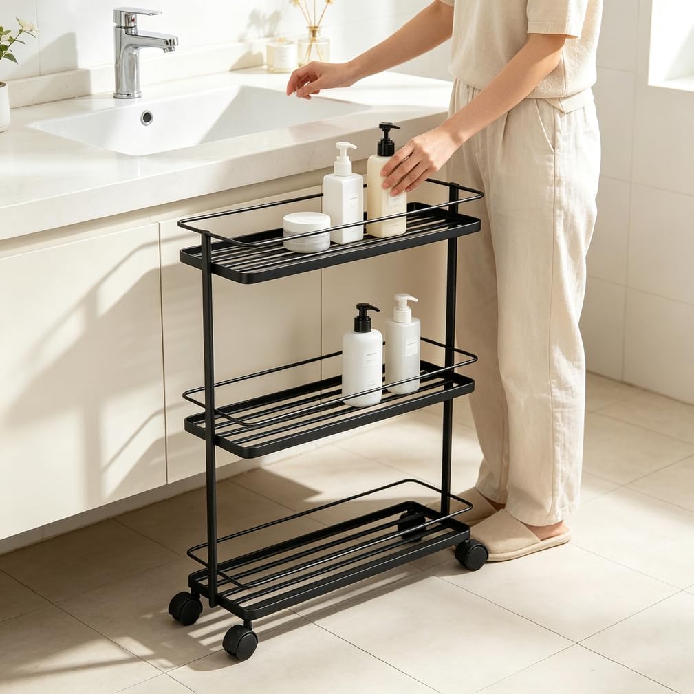 cendbirut Slim Storage Cart with Wheels, 3/4 Tier Metal Narrow Rolling Cart