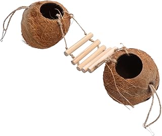 VANZACK Bird Coconut Shell Nest with Wooden Ladder Hideaway Toy for Pets for Lovebirds Hamsters and Other Birds Natural for Fun and Rest