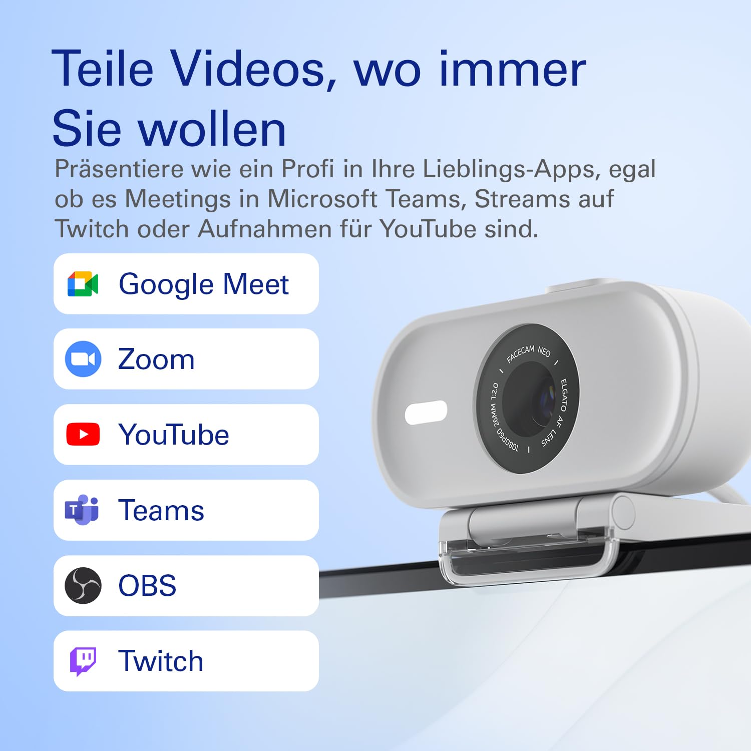 Elgato Facecam Neo Full HD-Webcam mit Sichtschutzkappe, Lichtkorrektur, USB-C, Plug & Play