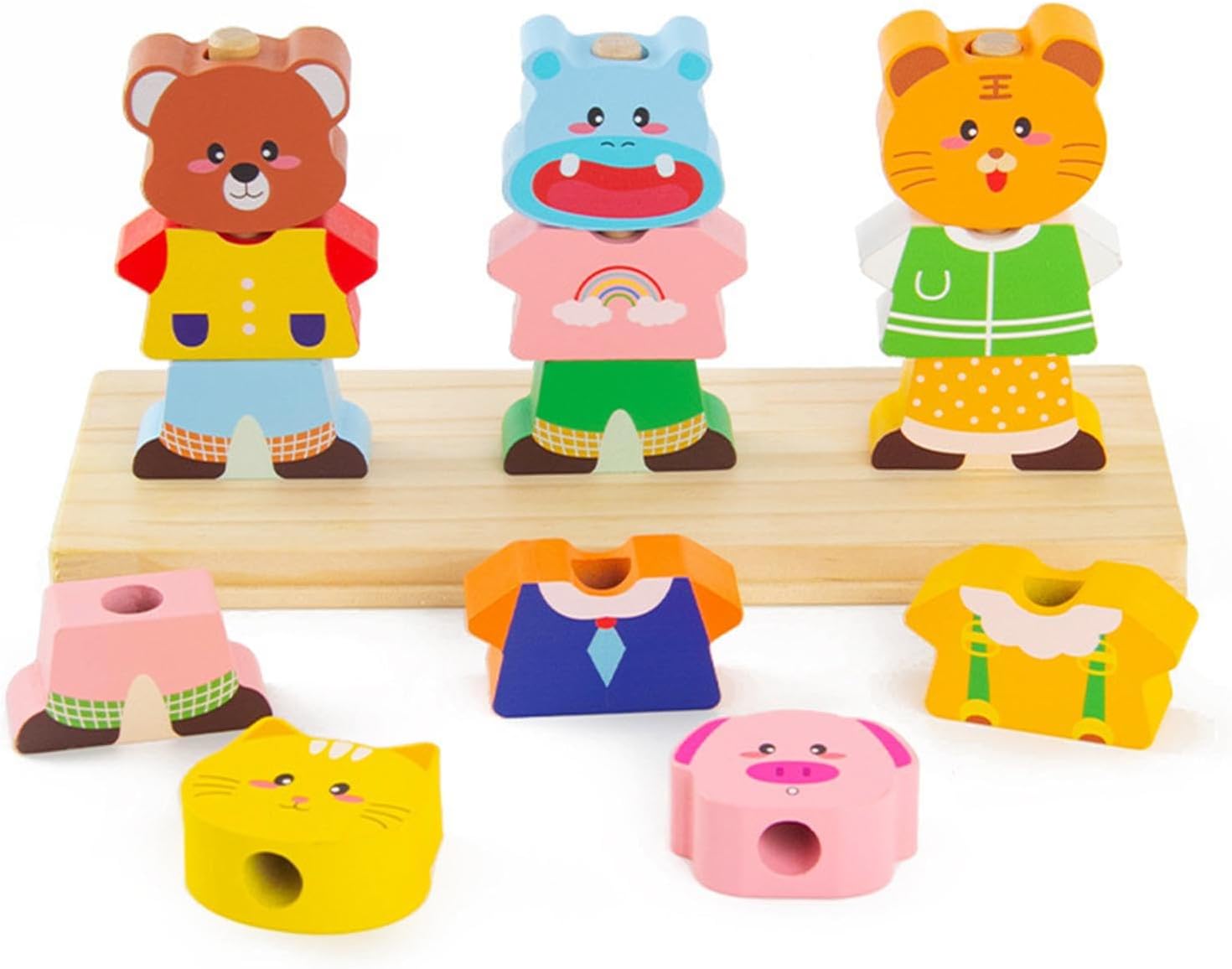 Wooden Stacking Blocks Matching Game - 72 Outfit Combos, Fine Motor Skills Builder, Preschool Learning Activity for Ages 2-5
